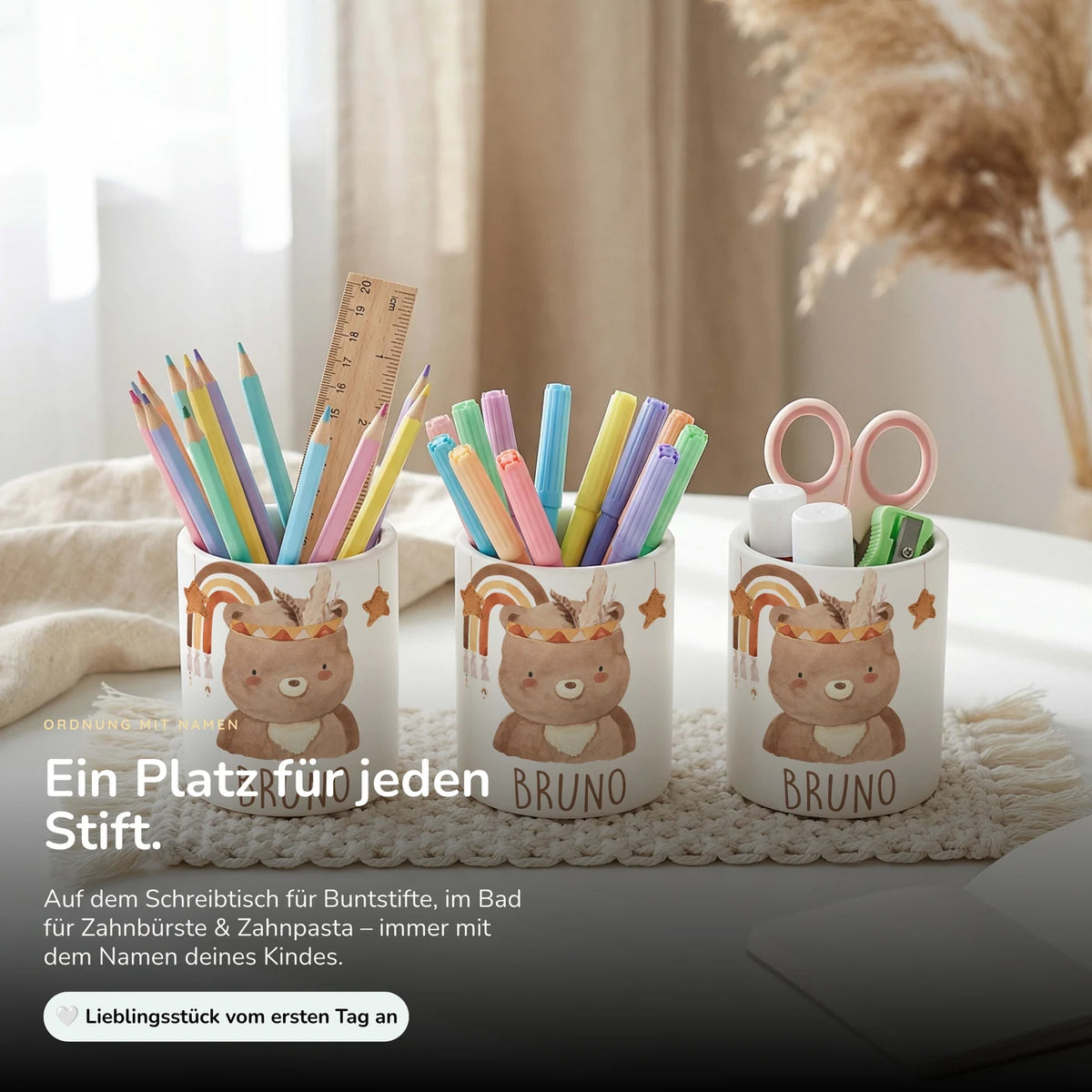 Personalisierter Stiftehalter Boho-BĂ€r â Keramik mit Wunschname