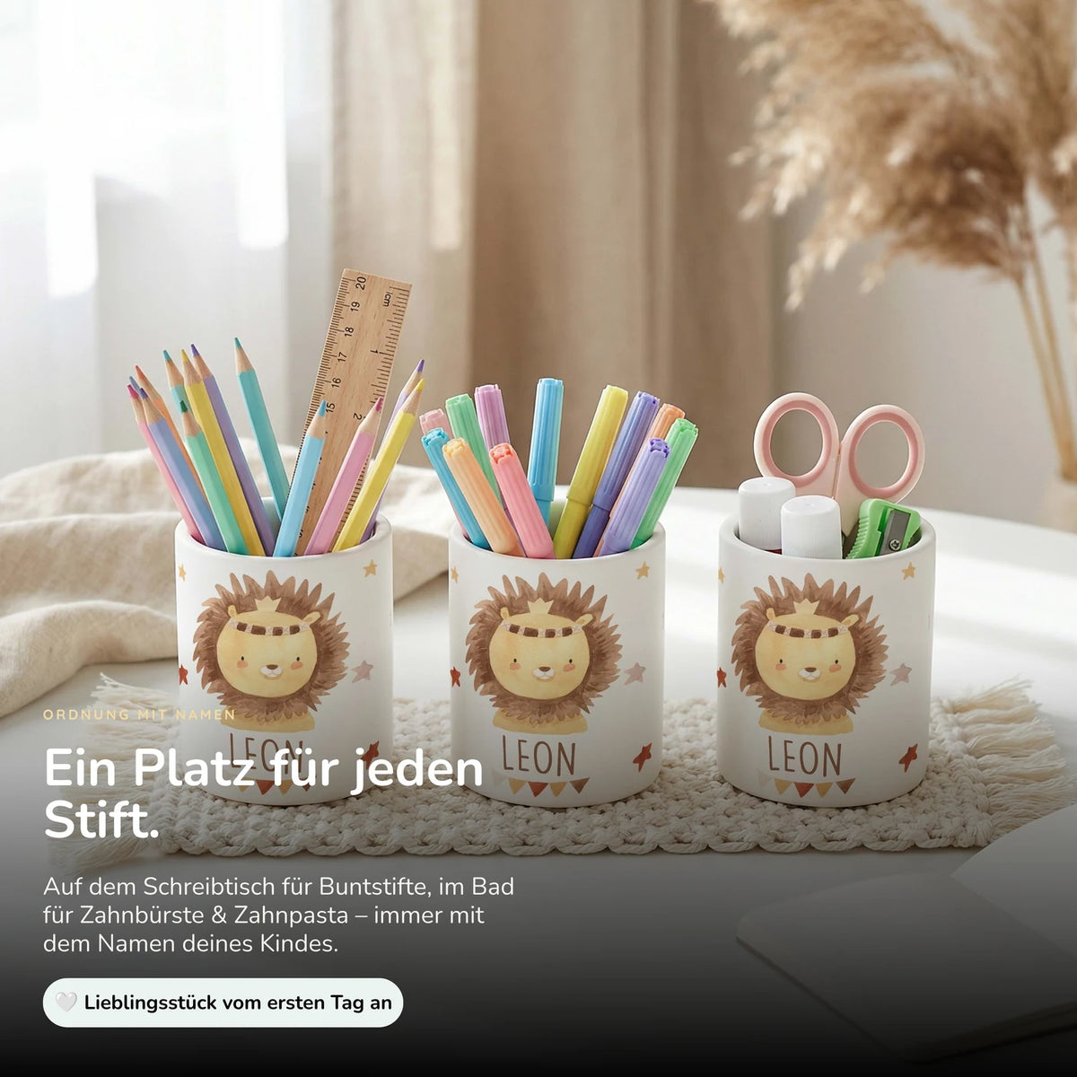 Personalisierter Stiftehalter Löwe Boho â Keramik mit Wunschname
