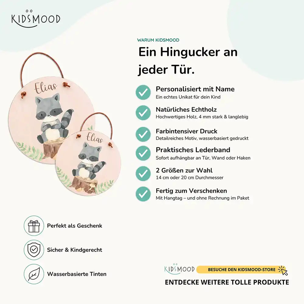 TĂŒrschild Kinderzimmer WaschbĂ€r im Wald, aus Echtholz mit Lederband, in zwei GröĂen