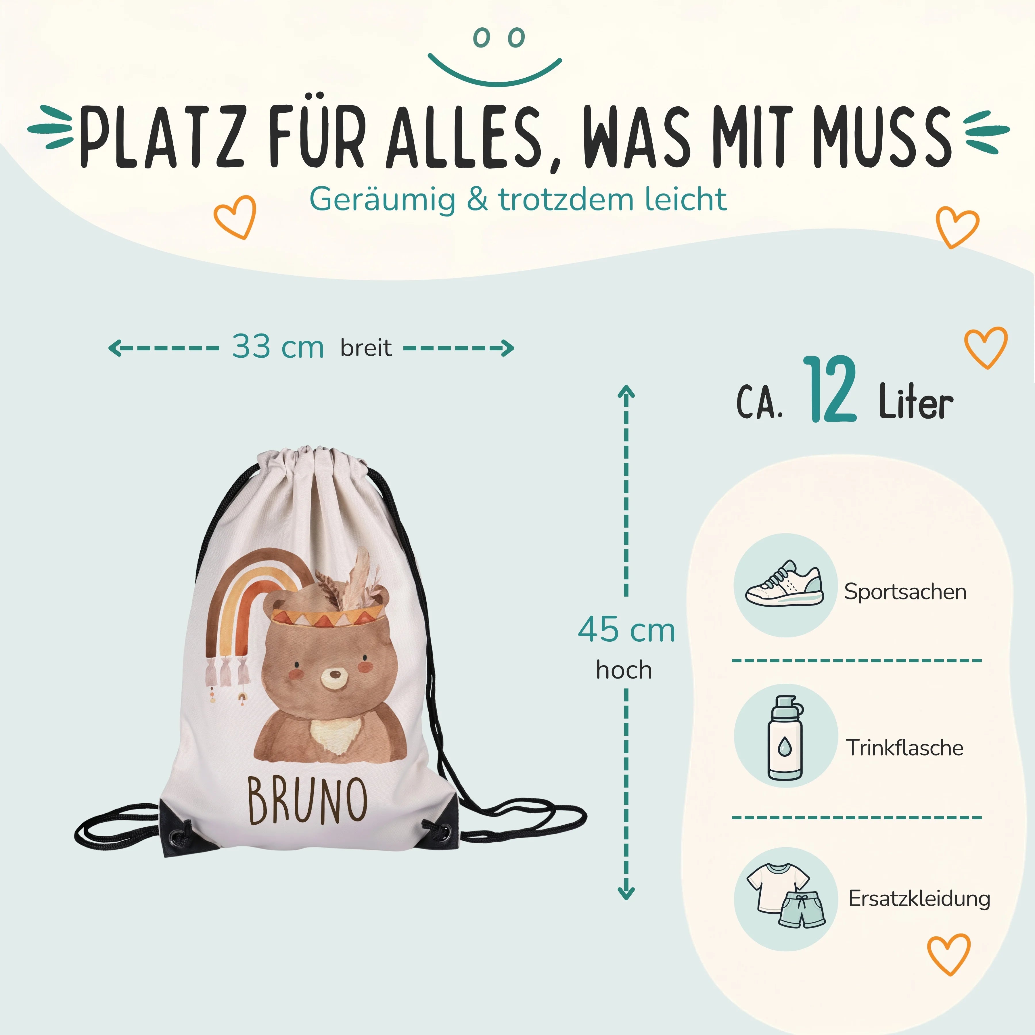 Personalisierter Turnbeutel BĂ€r mit Regenbogen, GröĂe 33 x 45 cm mit ca. 12 Liter Fassungsvermögen
