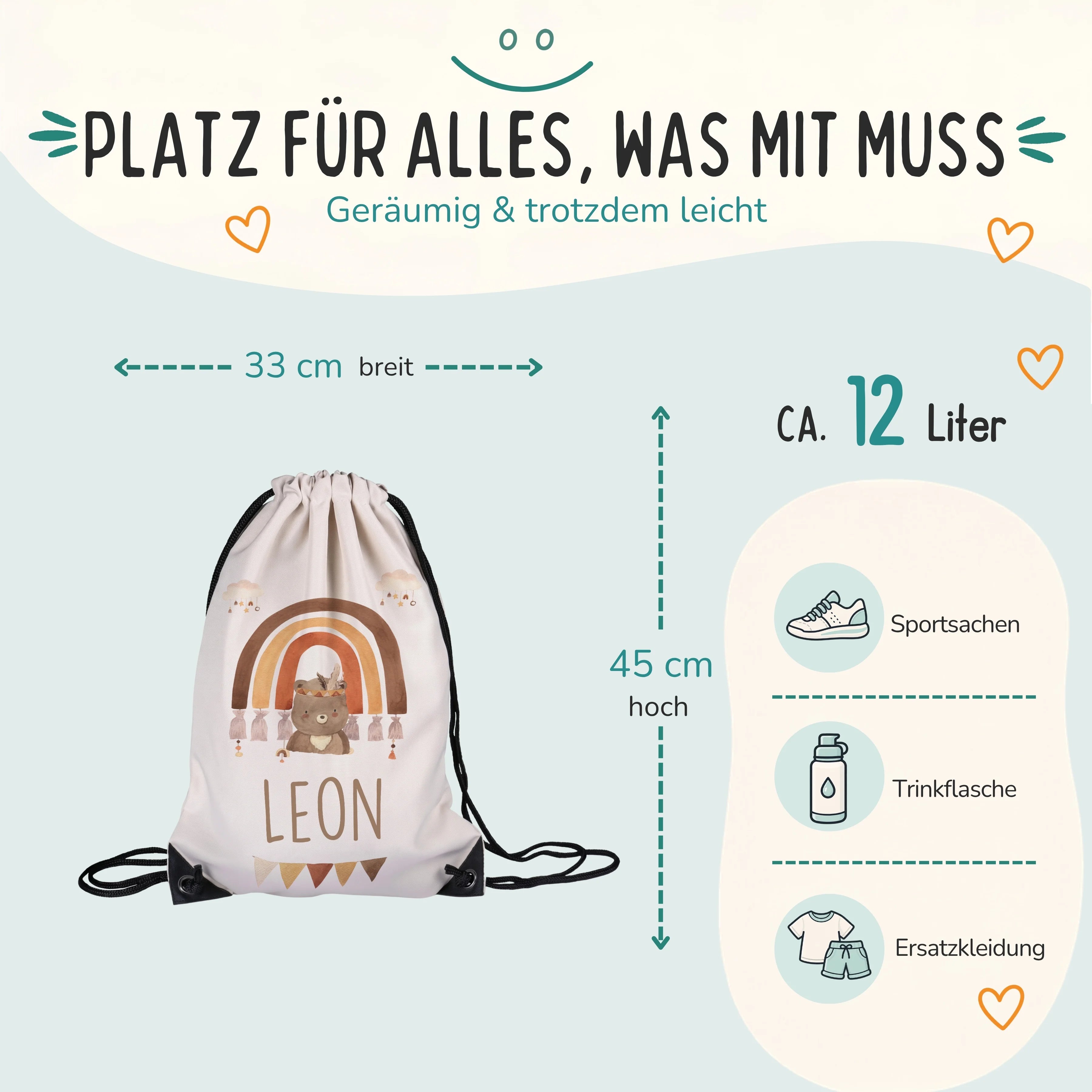 Personalisierter Turnbeutel Boho BĂ€r Regenbogen, GröĂe 33 x 45 cm mit ca. 12 Liter Fassungsvermögen