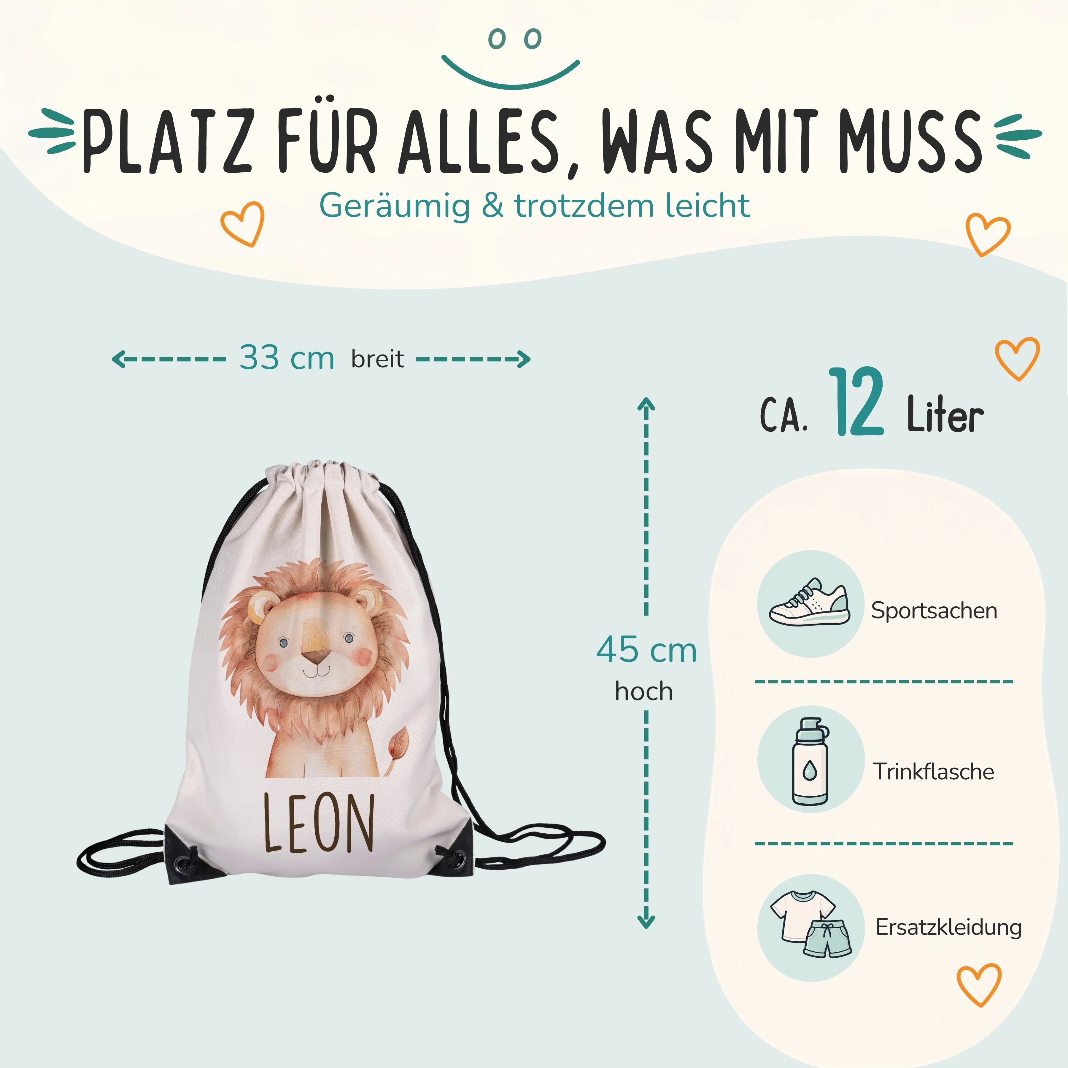 Personalisierter Turnbeutel Löwe, GröĂe 33 x 45 cm mit ca. 12 Liter Fassungsvermögen