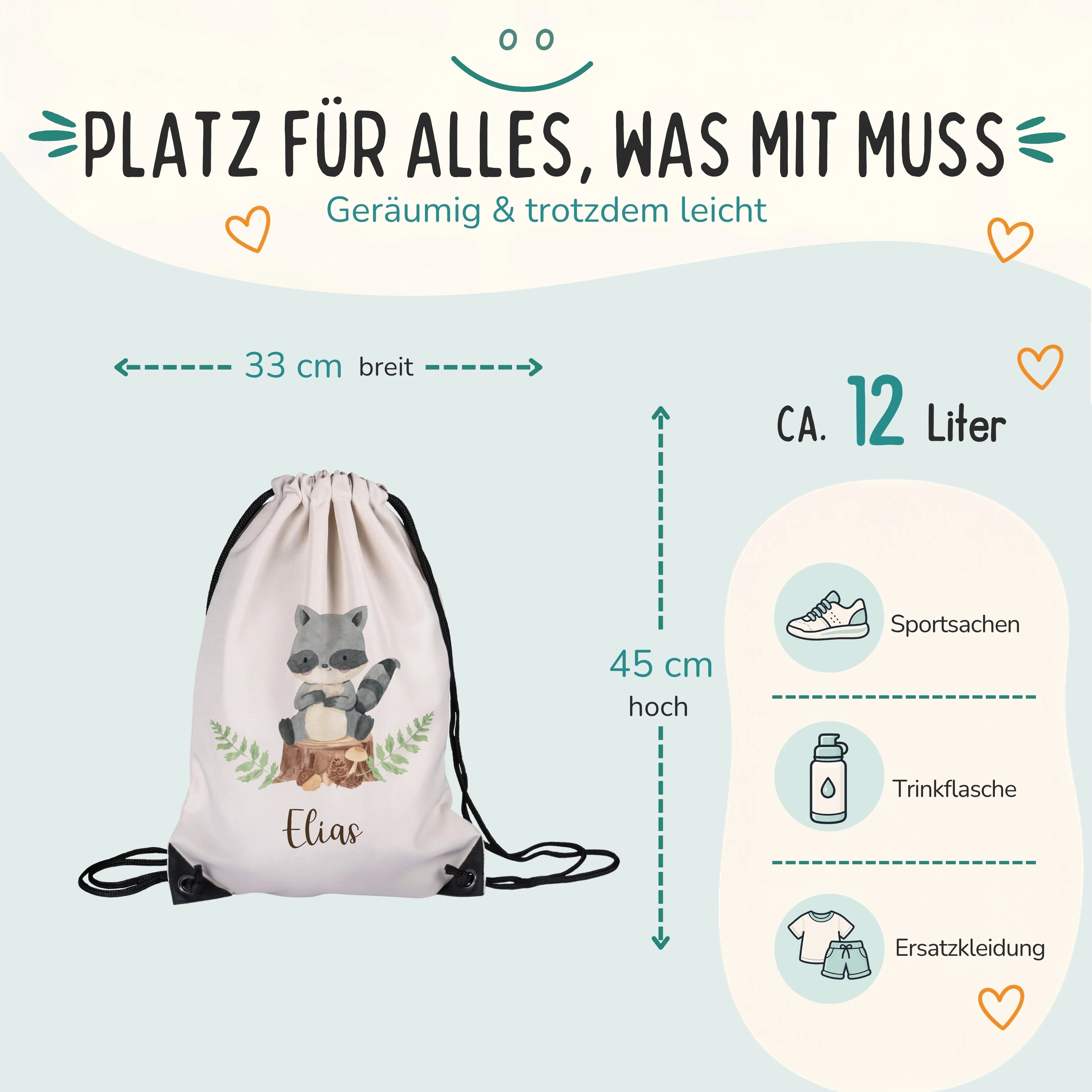 Personalisierter Turnbeutel WaschbĂ€r, GröĂe 33 x 45 cm mit ca. 12 Liter Fassungsvermögen