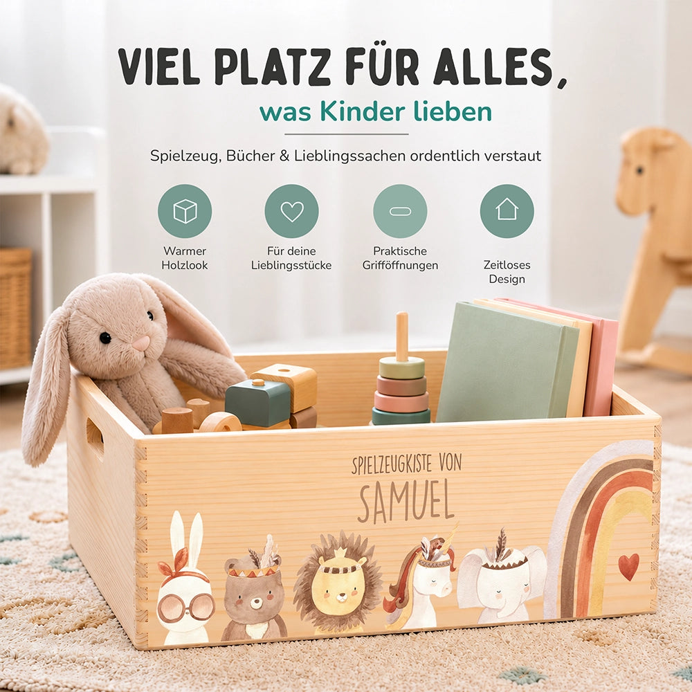 Spielzeugkiste personalisiert mit Namen - Boho Tiere