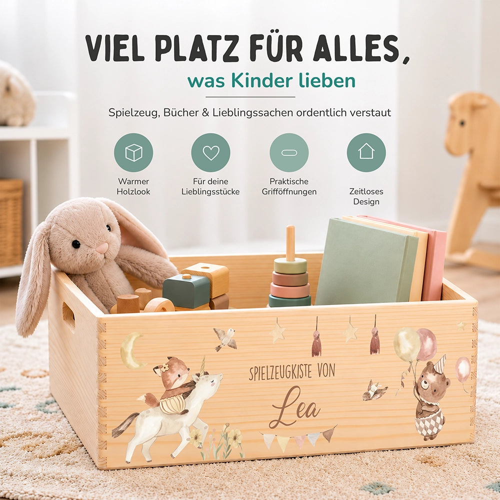 Spielzeugkiste personalisiert mit Namen - Regenbogen Fantasiewelt