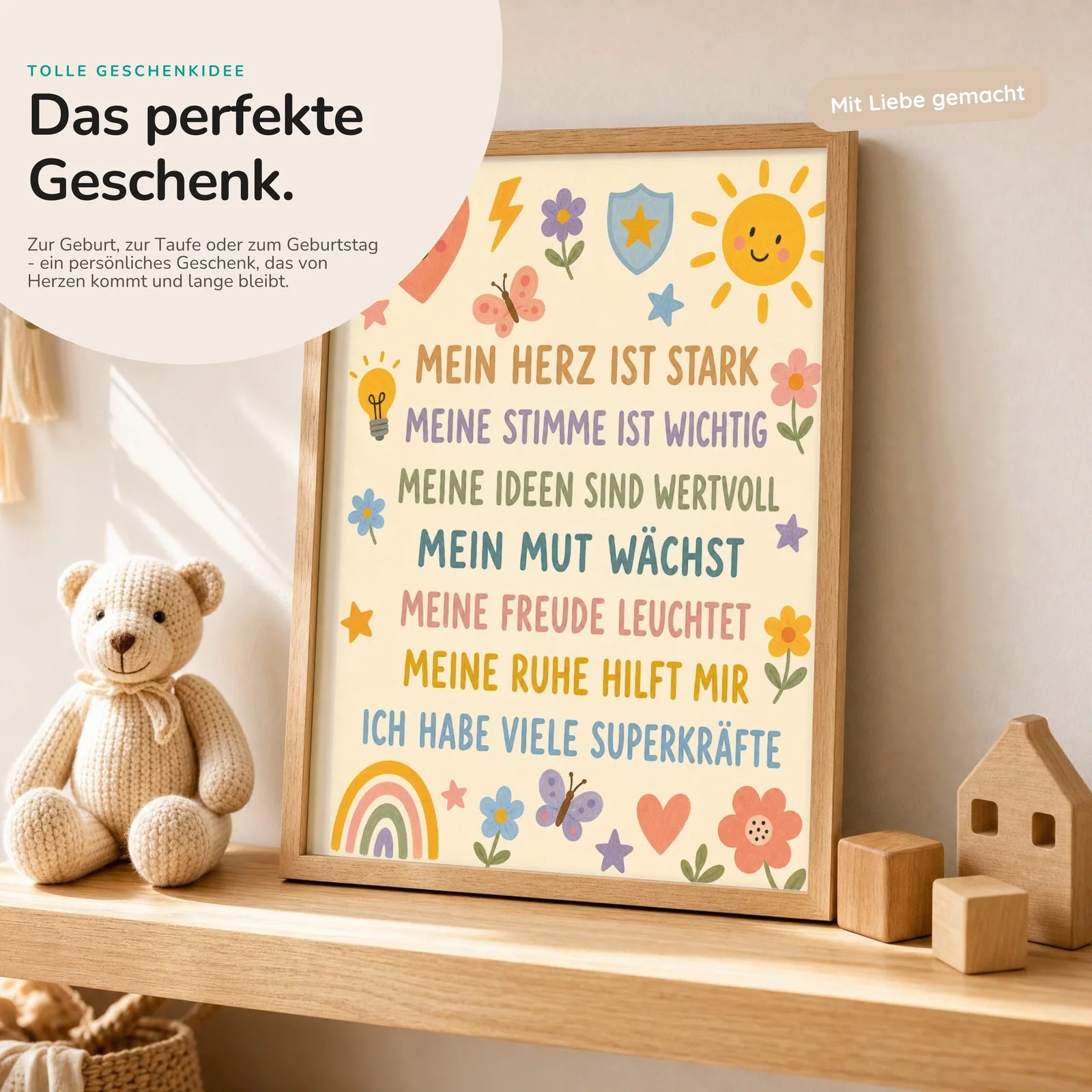 Affirmationsposter Kinderzimmer Blumenwiese SuperkrÀfte, mit optionalem Holzrahmen