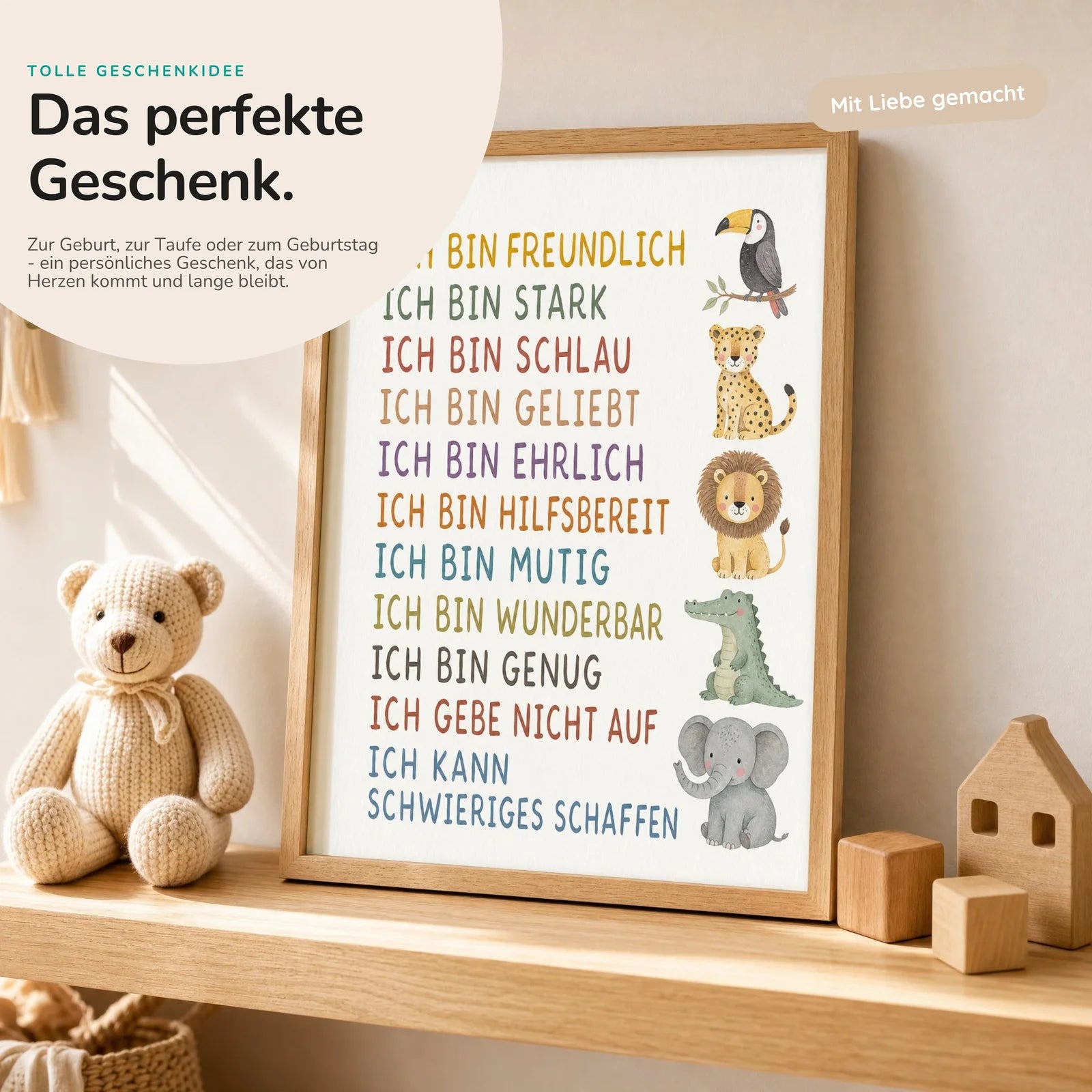 Affirmationsposter Kinderzimmer Safaritiere, mit optionalem Holzrahmen