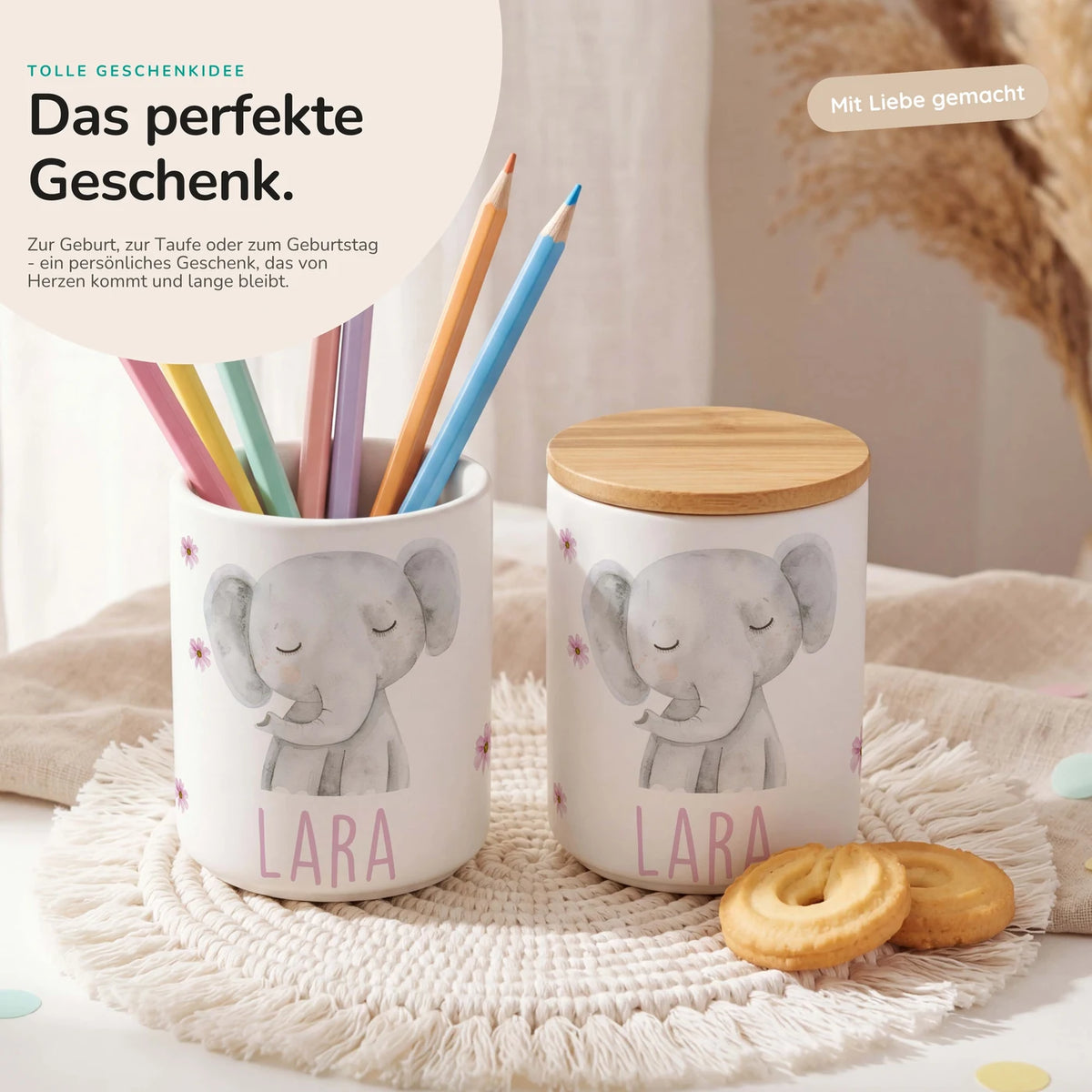 Personalisierte Keksdose Elefant Blumen – Keramik & Bambus mit Wunschname