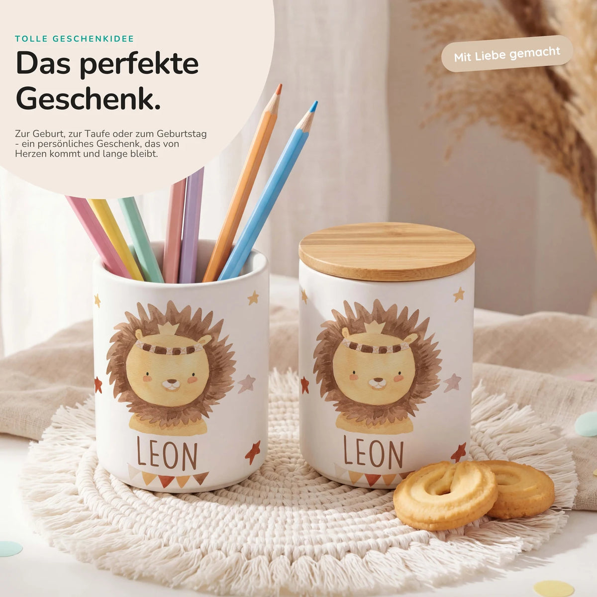 Personalisierte Keksdose Löwe Boho â Keramik & Bambus mit Wunschname