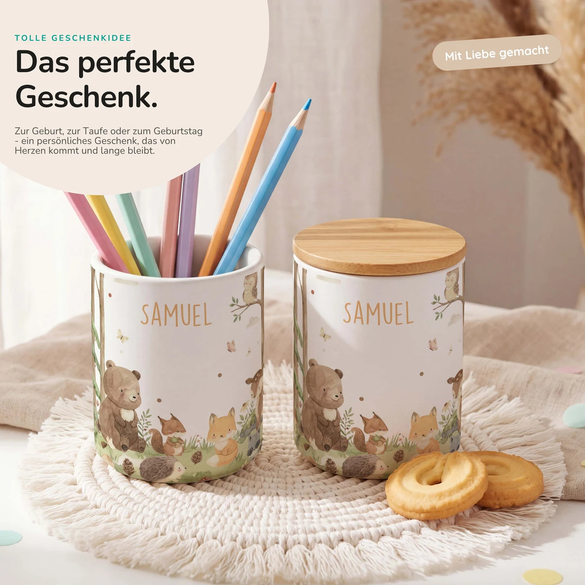 Personalisierte Keksdose Waldfreunde I – Keramik & Bambus mit Wunschname