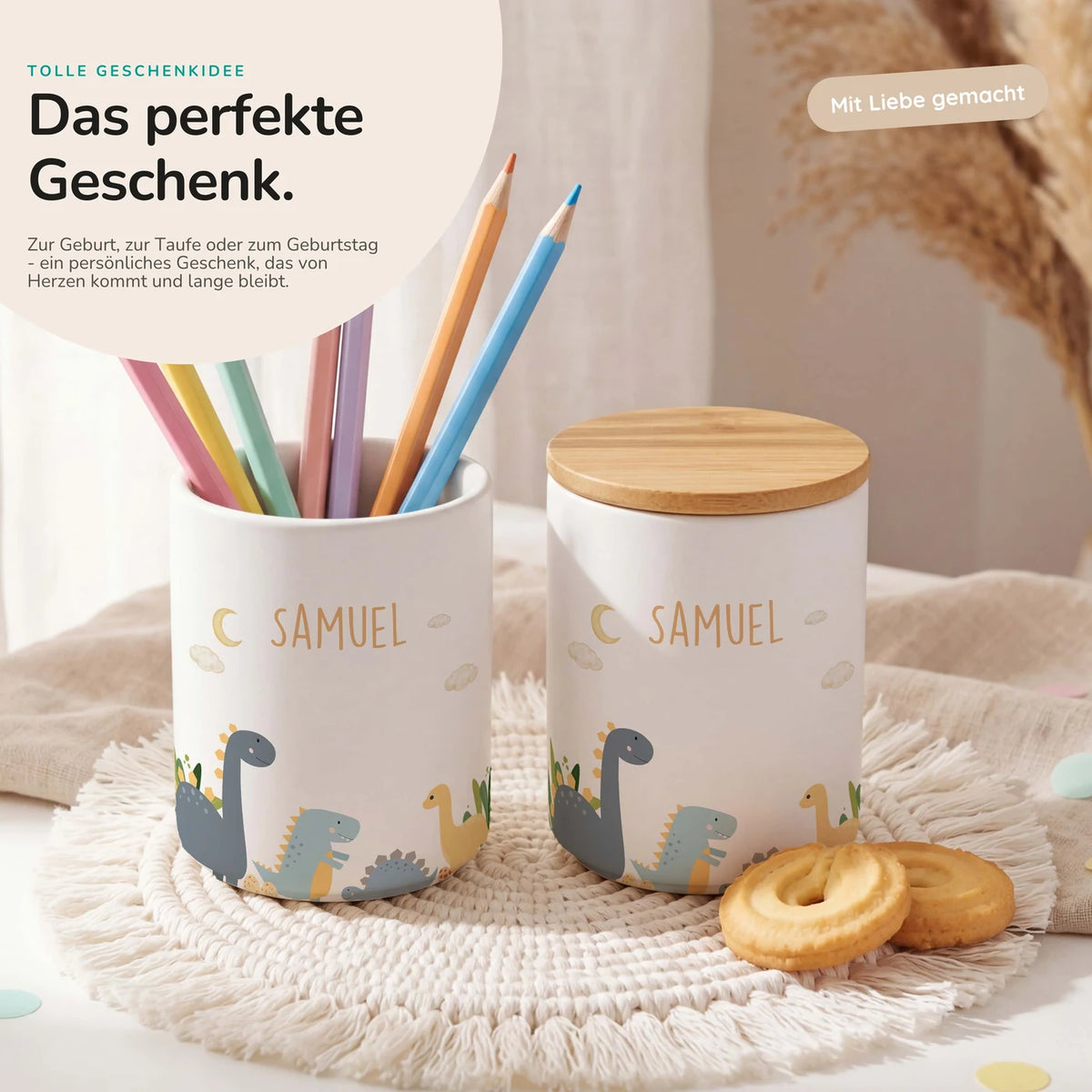 Personalisierte Keksdose Dinosaurier Mond – Keramik & Bambus mit Wunschname