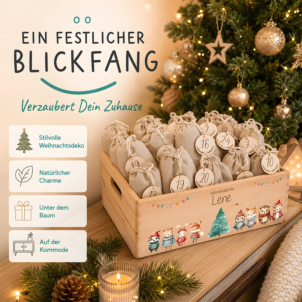 Adventskalender zum Befüllen "Weihnachten mit Tieren und Lichterkette" personalisiert