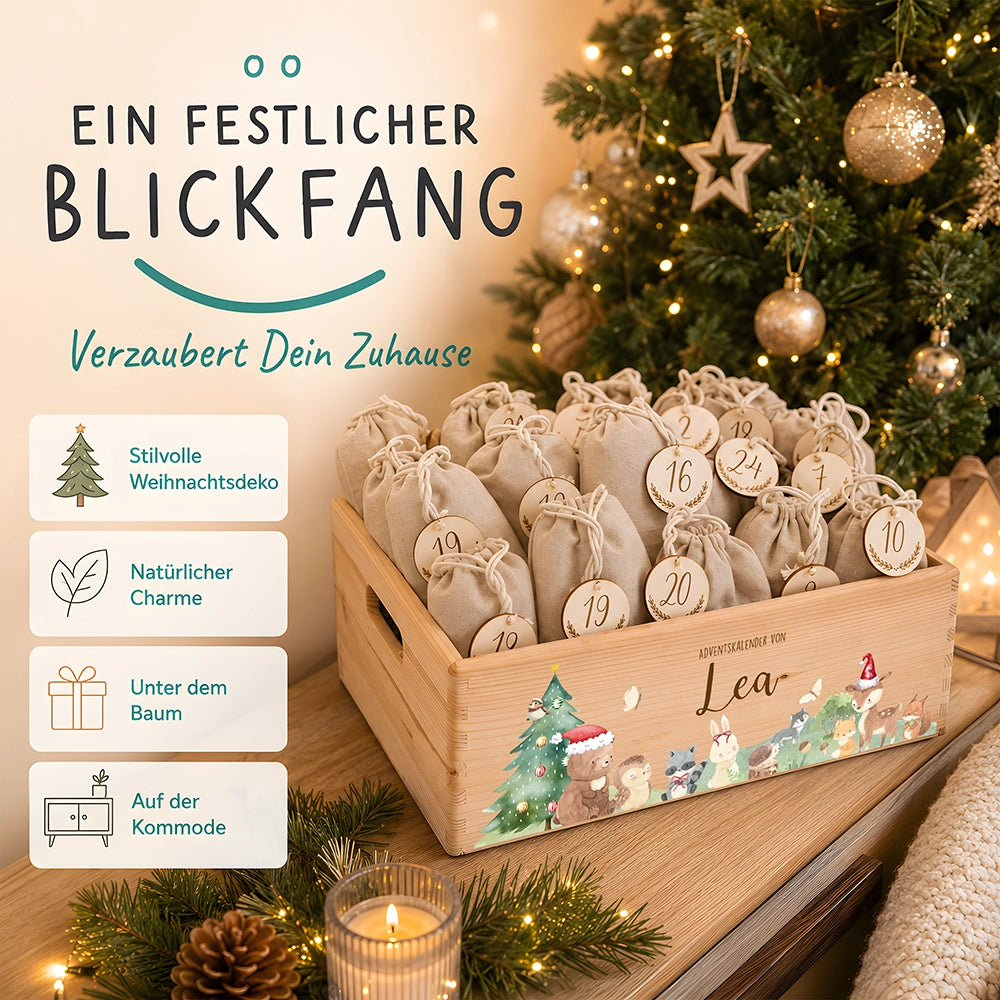 Adventskalender zum Befüllen "Weihnachten mit winterlichen Tierfreunden" personalisiert