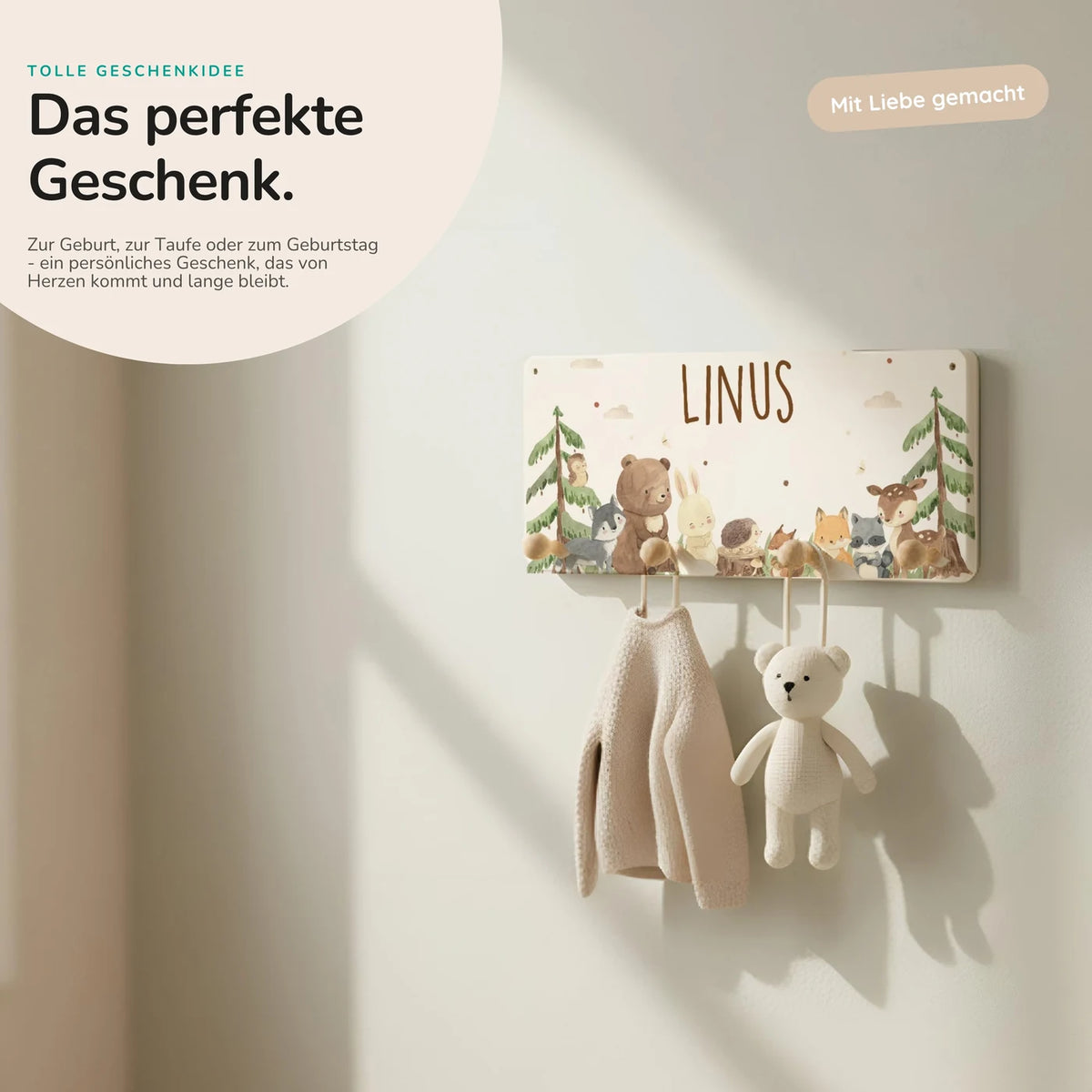 Kindergarderobe Holz personalisiert - Waldtiere