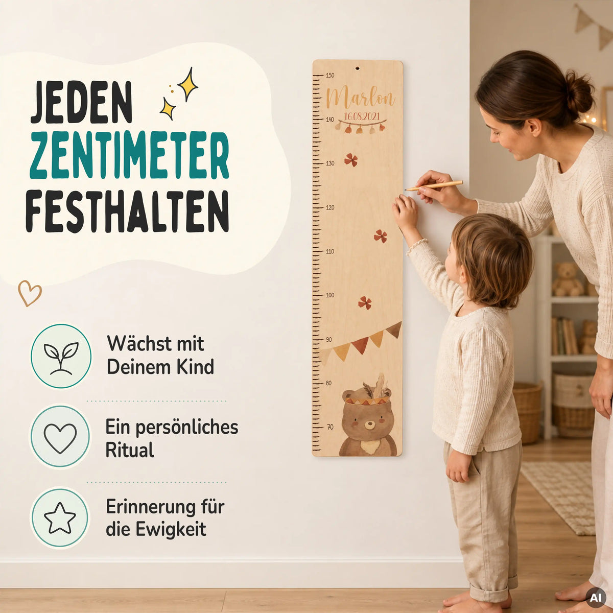 Messlatte Kinder Holz & Aluverbund - Bär Boho