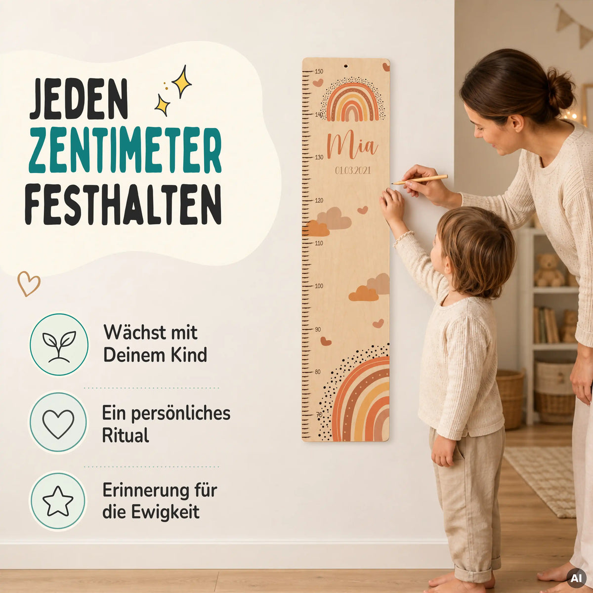 Messlatte Kinder Holz & Aluverbund - Regenbogen & Wolken