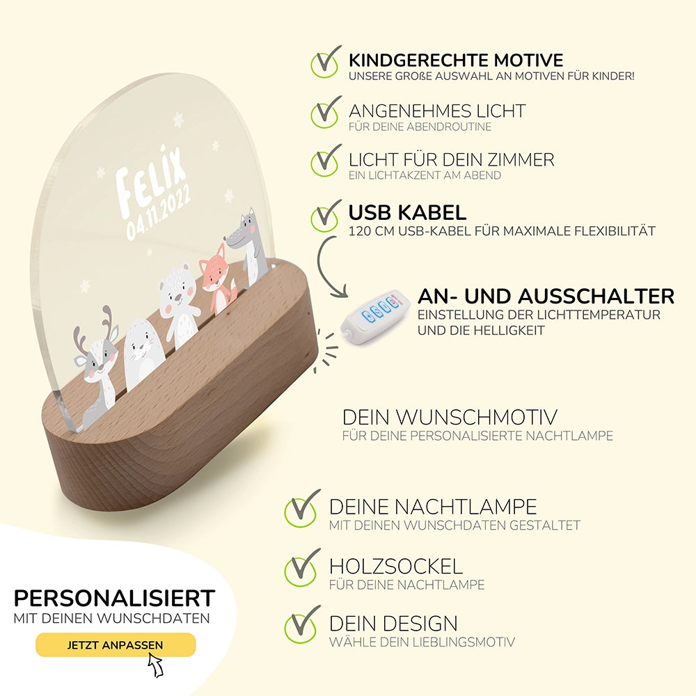 Nachtlicht Tiere mit USB-Kabel und Schalter – Lichtfarbe und Helligkeit einstellbar