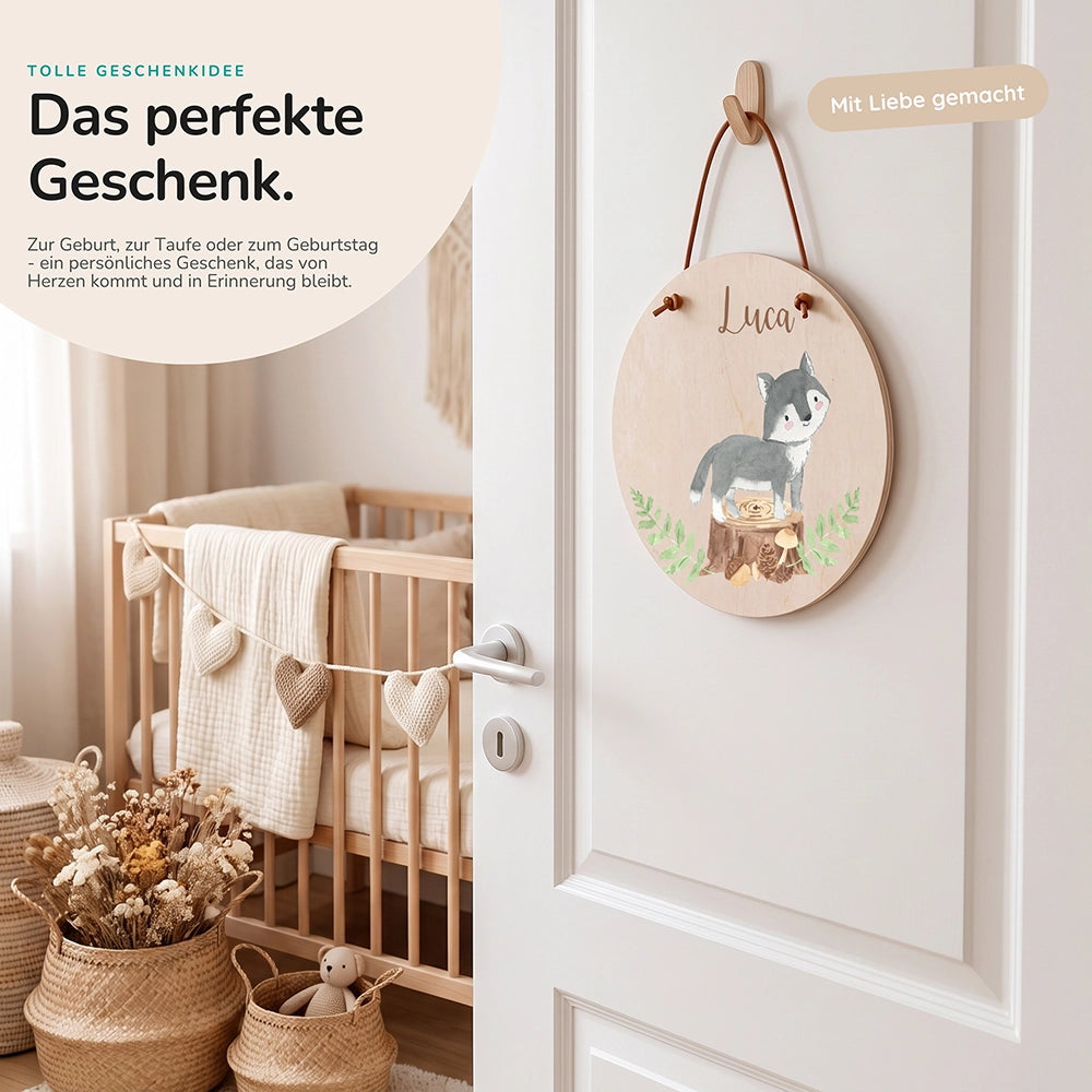 Türschild Kinderzimmer personalisiert mit Name Wolf im Wald