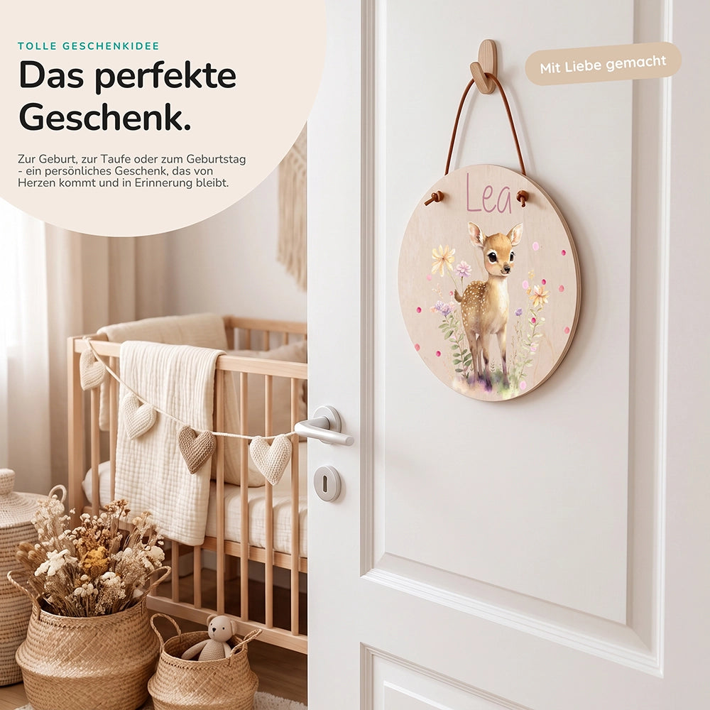 Türschild Kinderzimmer personalisiert mit Name Reh mit Wildblumen