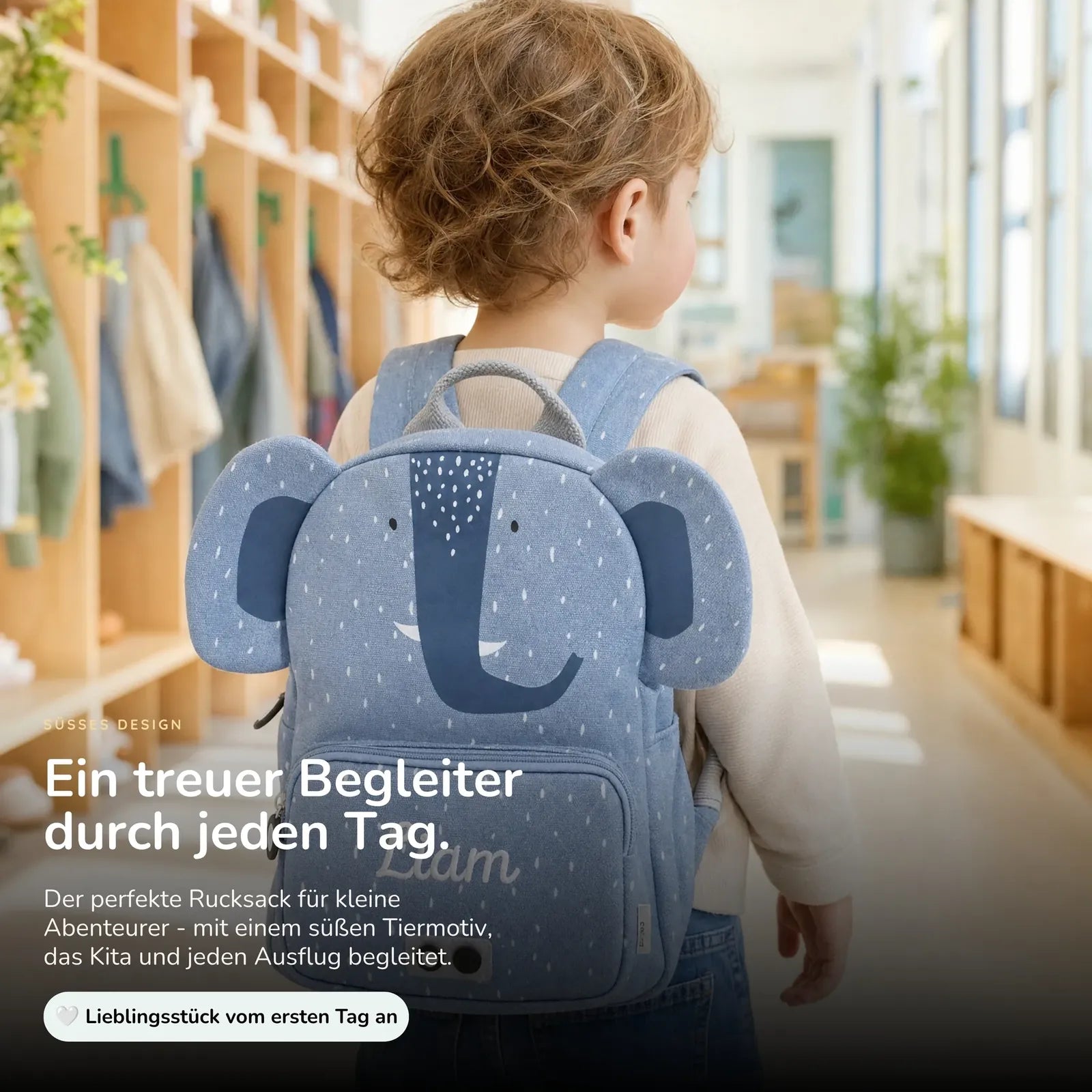 Trixie Kindergartenrucksack Elefant, Name mit weißen Stickfäden bestickt