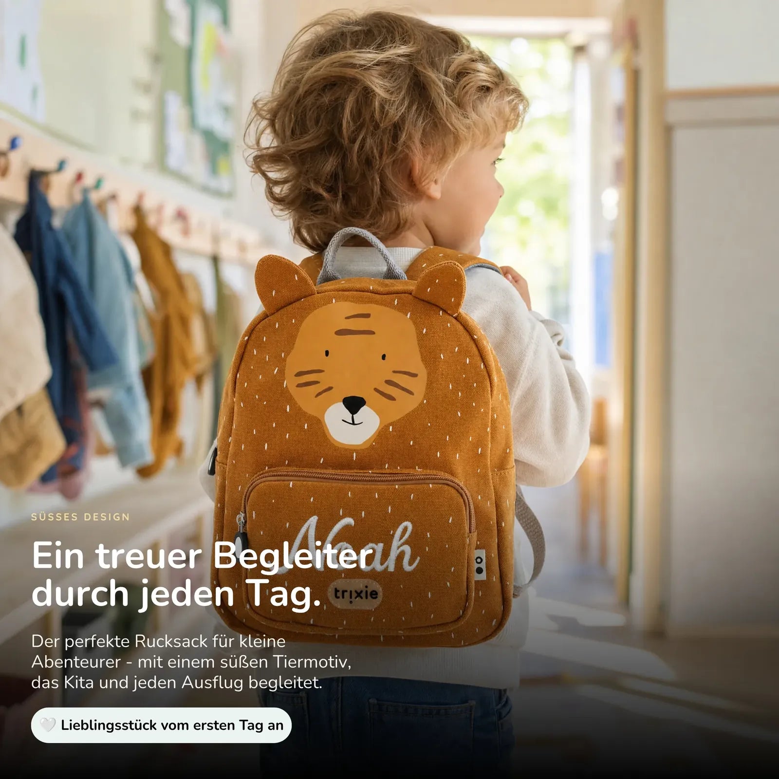 Trixie Kindergartenrucksack Tiger, Name mit weißen Stickfäden bestickt
