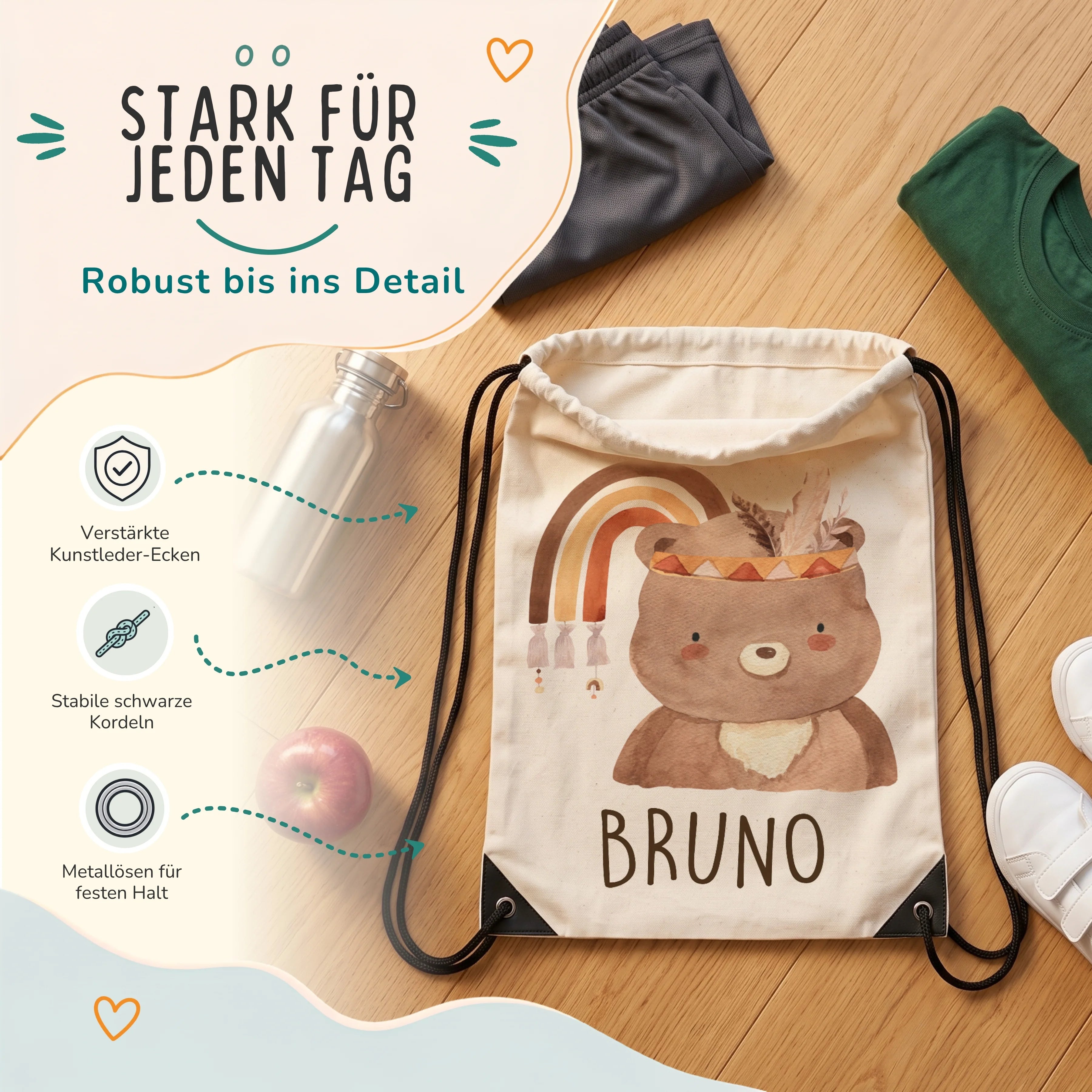 Personalisierter Turnbeutel BÀr mit Regenbogen, verstÀrkte Kunstleder-Ecken und Metallösen im Detail