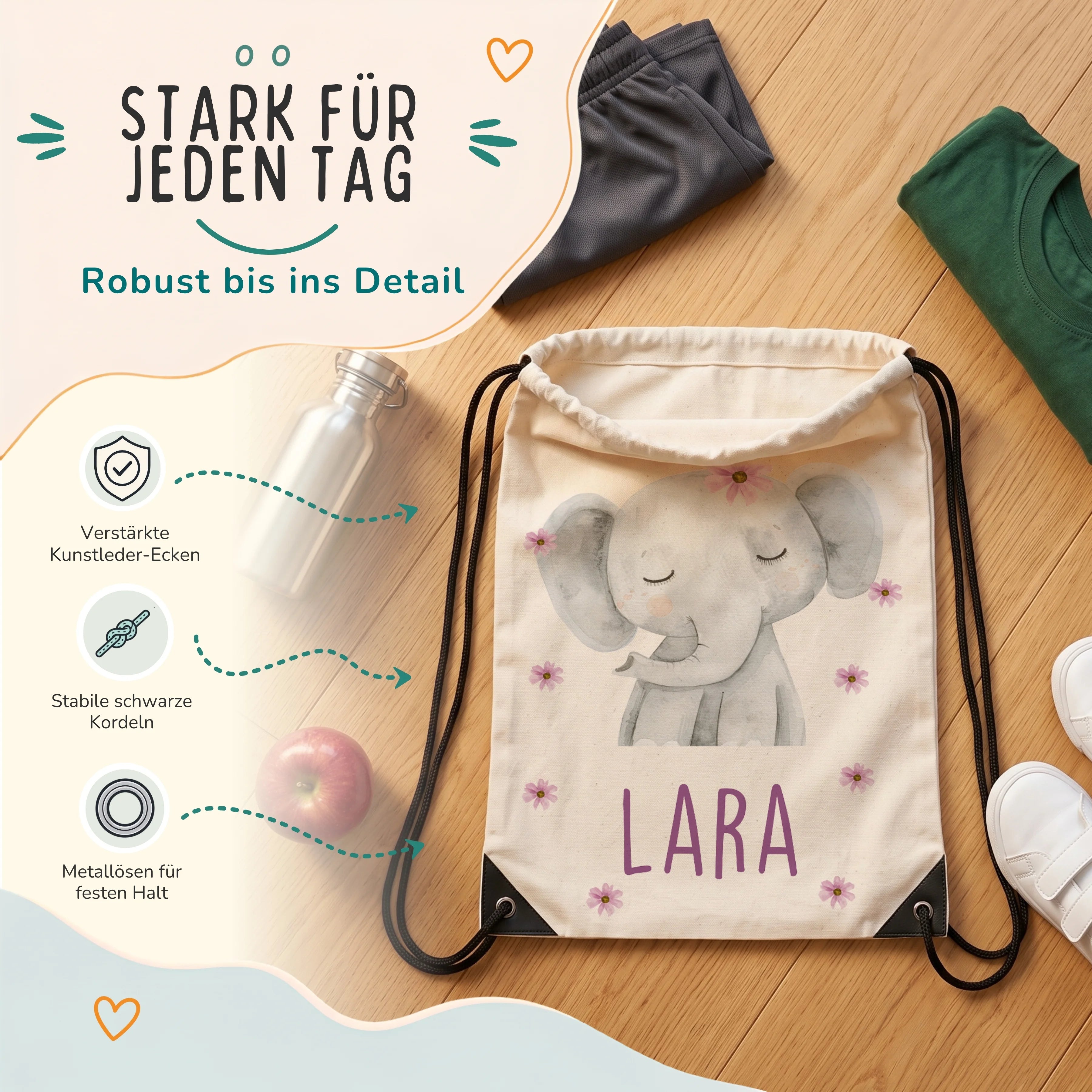 Personalisierter Turnbeutel Elefant mit Blüten, verstärkte Kunstleder-Ecken und Metallösen im Detail