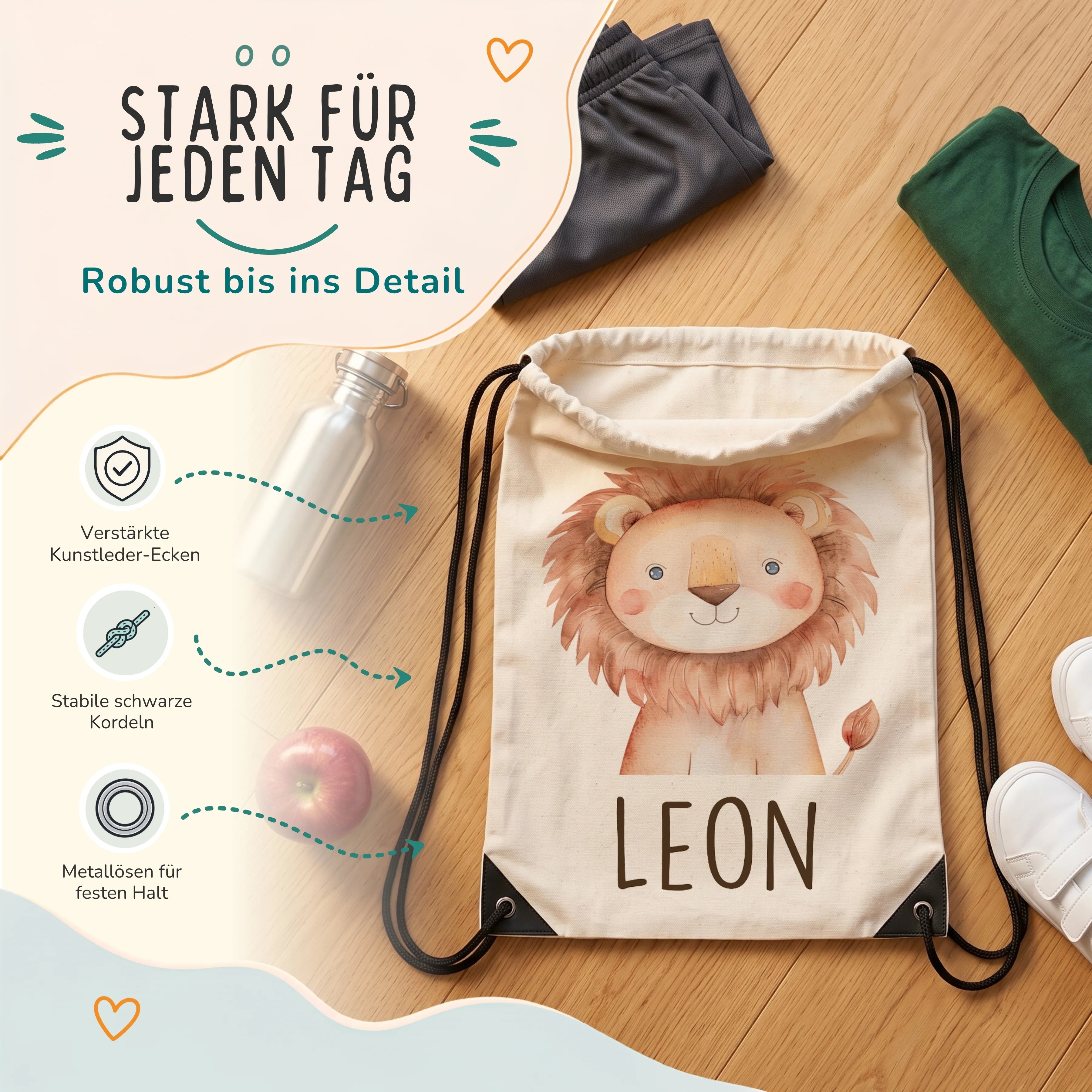 Personalisierter Turnbeutel Löwe, verstÀrkte Kunstleder-Ecken und Metallösen im Detail