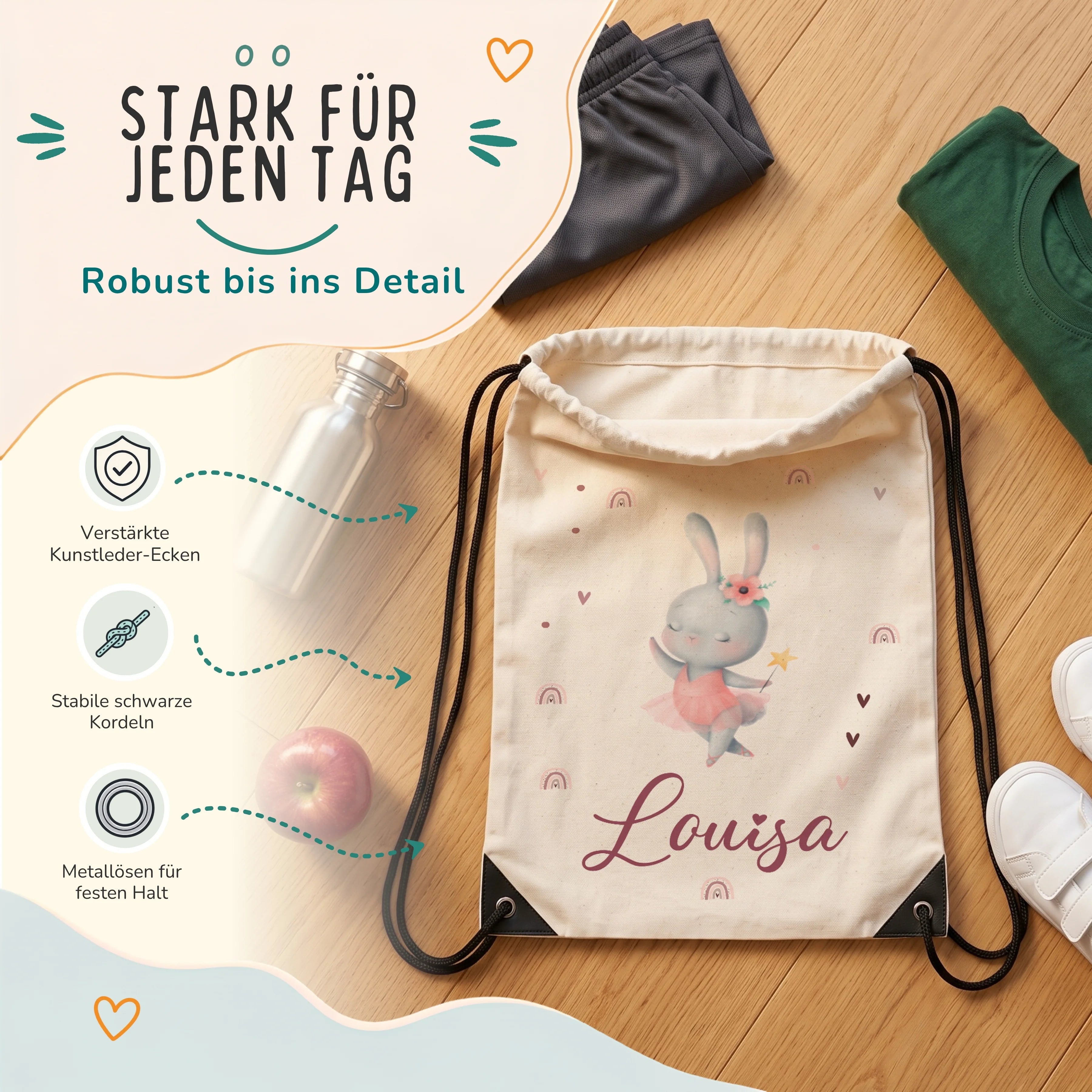Personalisierter Turnbeutel Zauberhase, verstärkte Kunstleder-Ecken und Metallösen im Detail