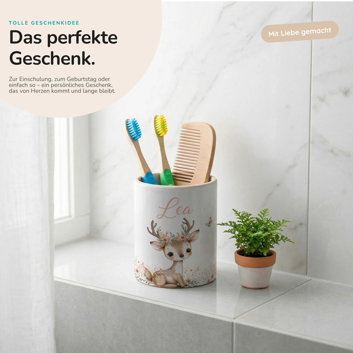 Personalisierter Stiftehalter Reh Blumenkranz â Keramik mit Wunschname