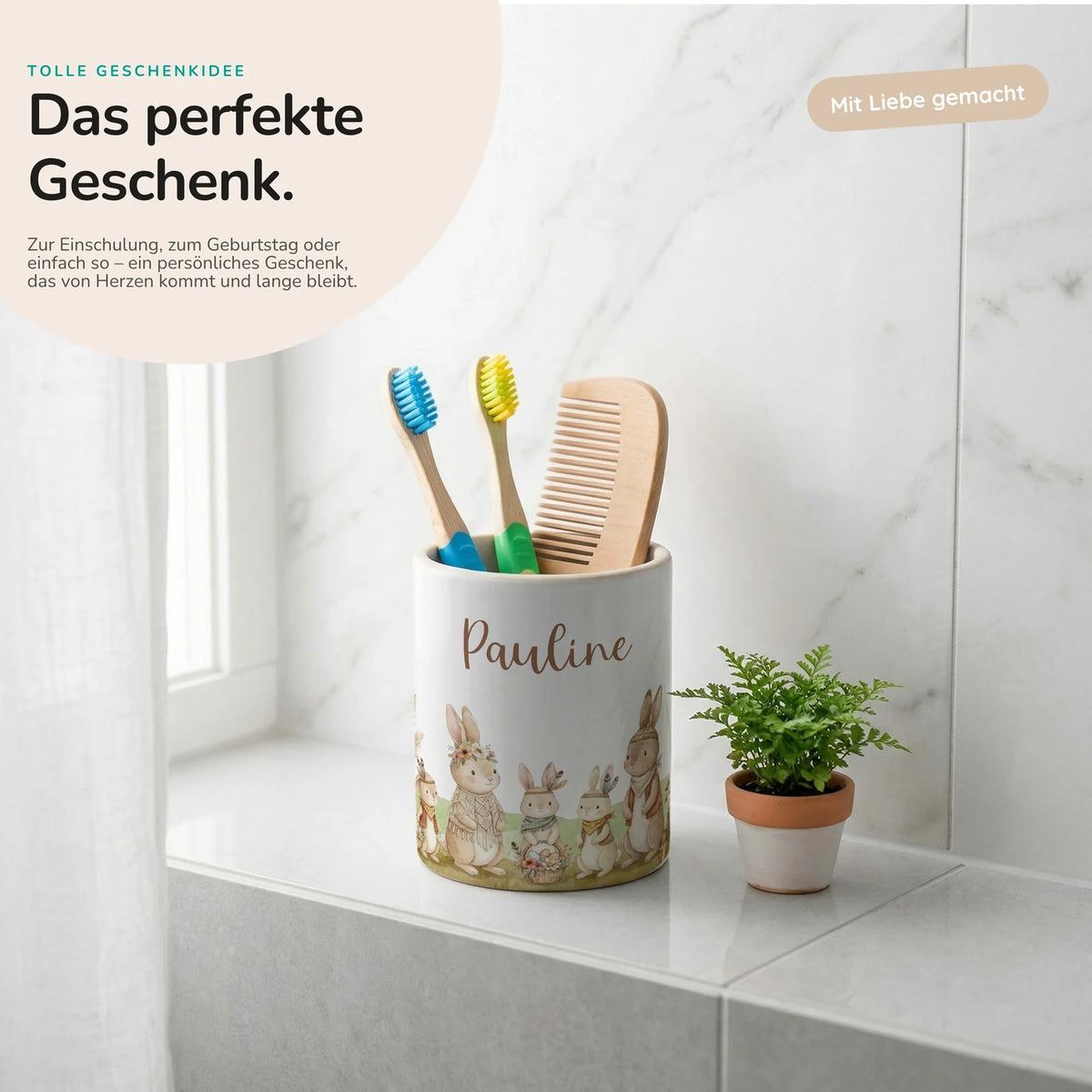 Personalisierter Stiftehalter Boho-Hasen â Keramik mit Wunschname
