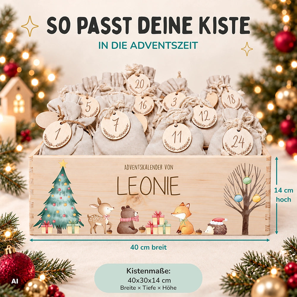 Adventskalender zum Befüllen "Waldtiere um den Weihnachtsbaum" personalisiert