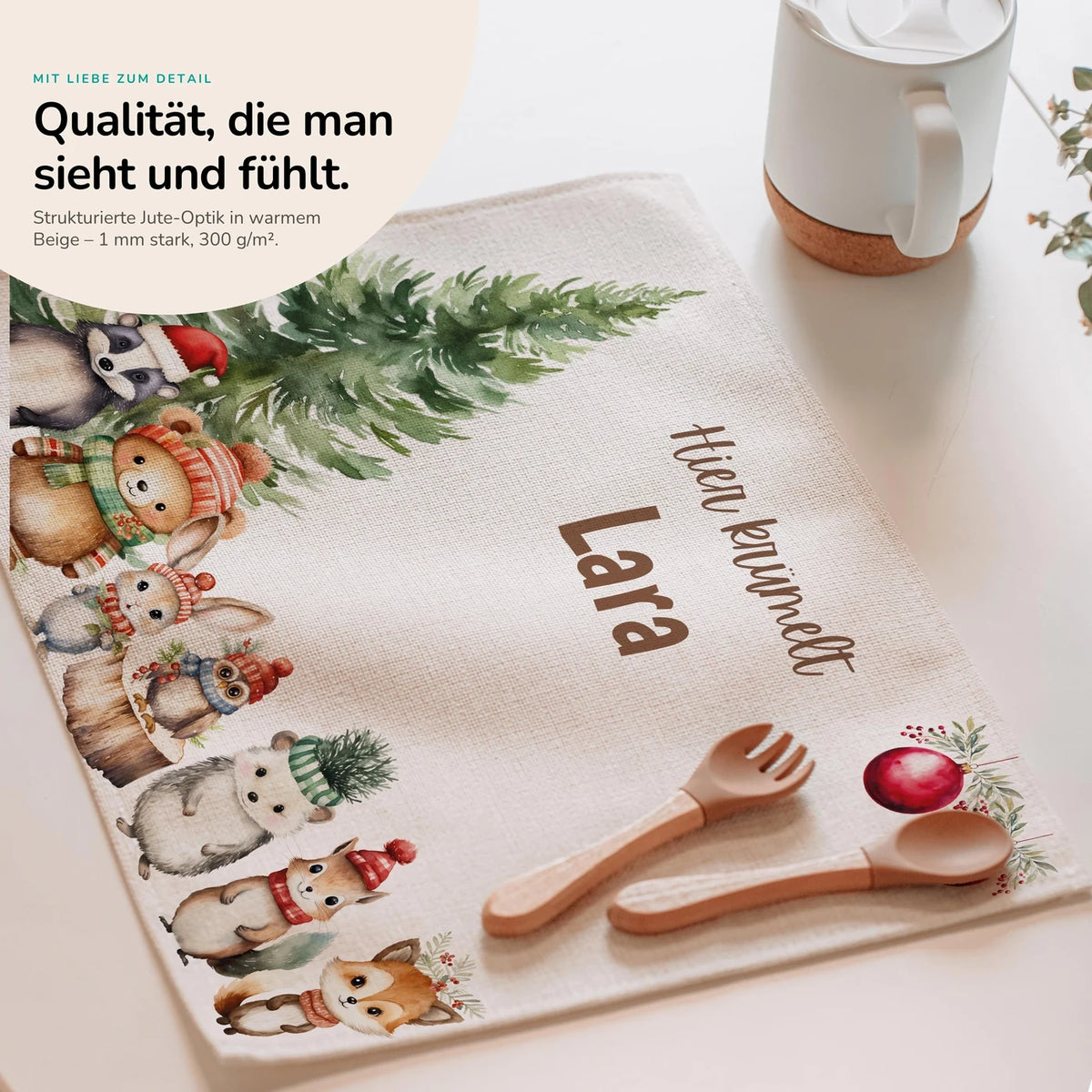 Tischset Kinder personalisiert Weihnachtsmotiv - Tierchen im Zauberwald