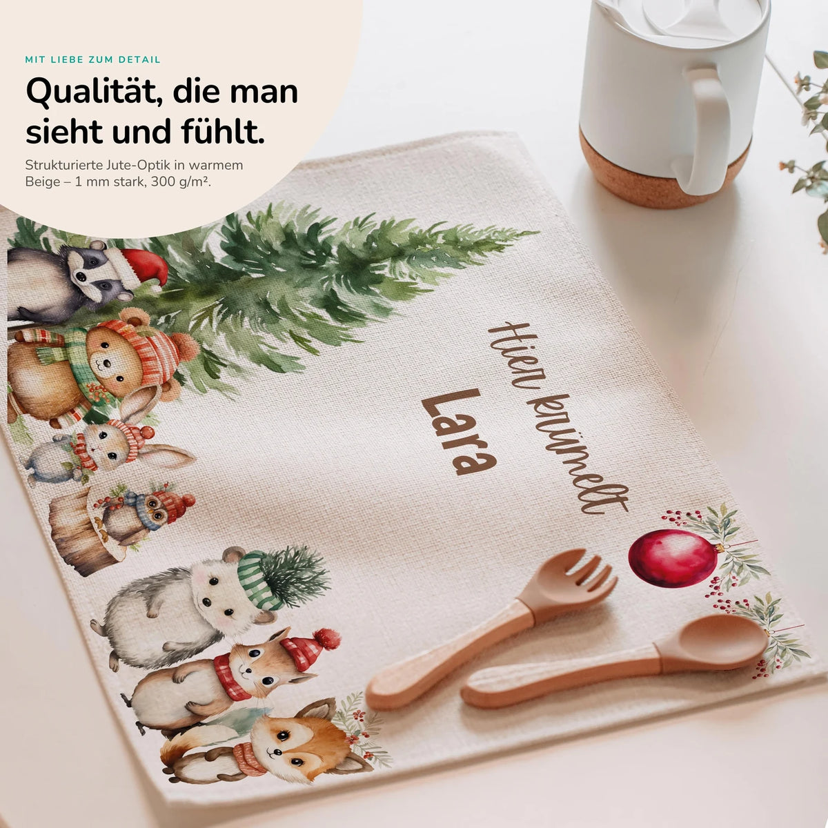 Tischset Kinder personalisiert Weihnachtsmotiv - Glückliche Tiergesellschaft