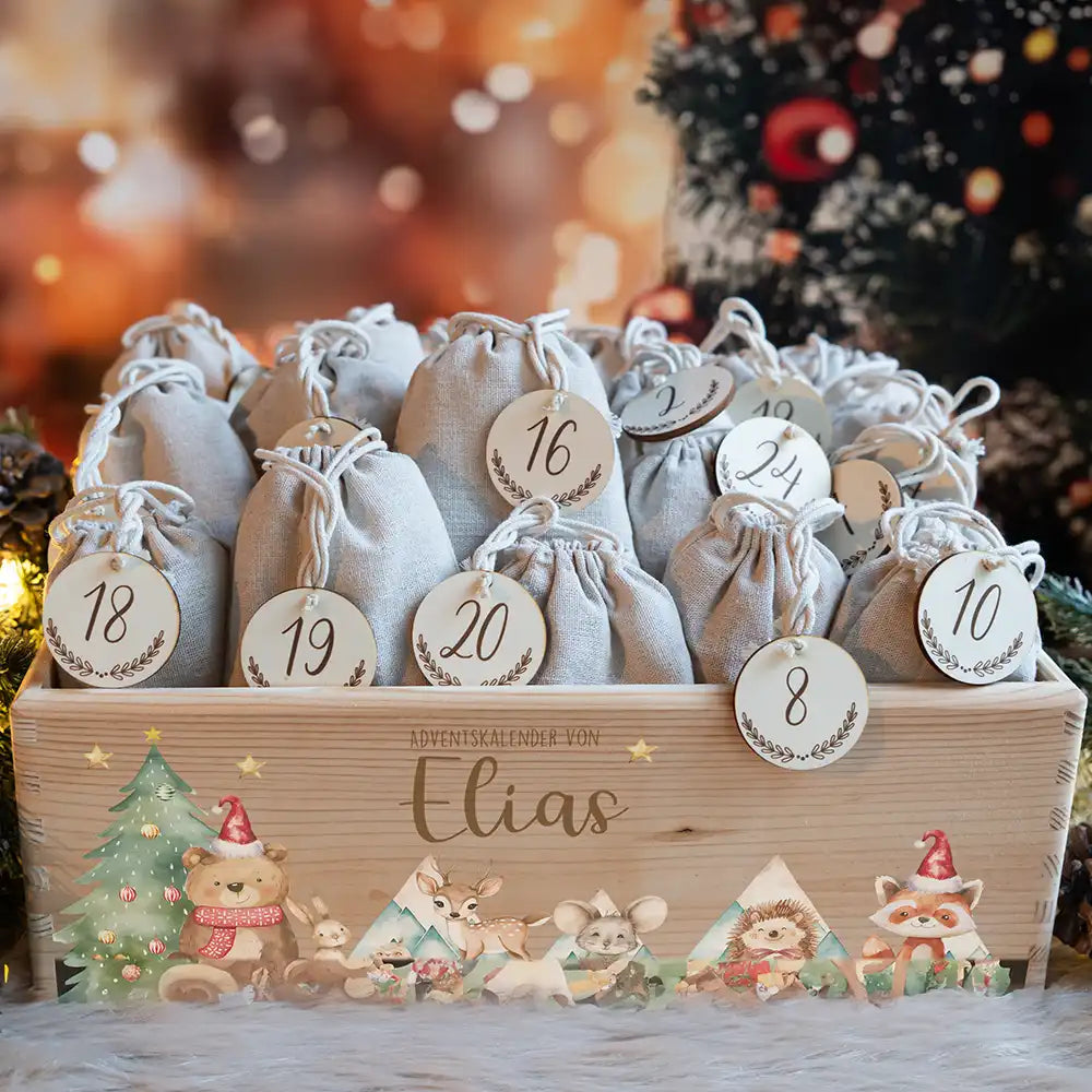 Adventskiste zum befüllen "Bär und Weihnachtsbaum" personalisiert