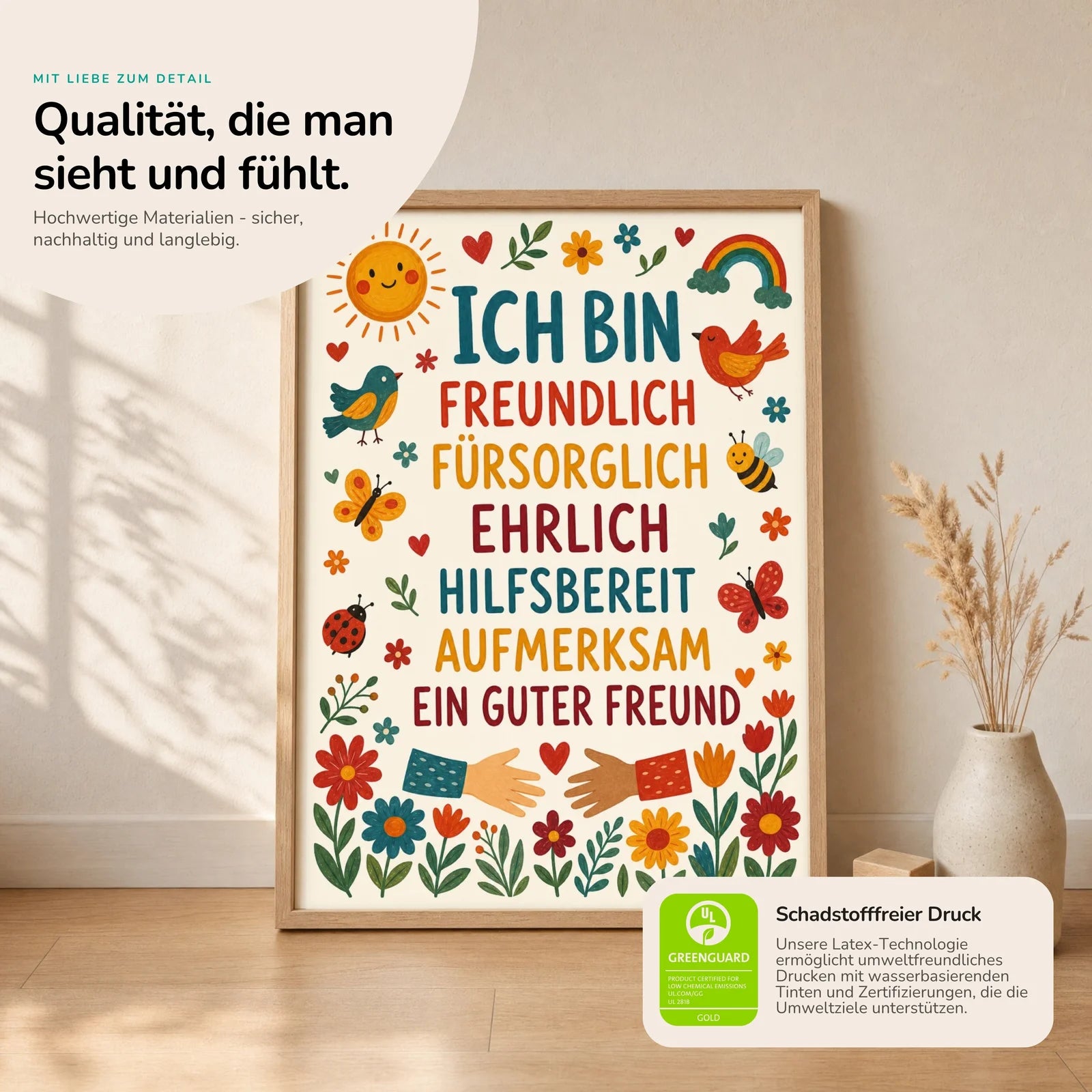 Affirmationsposter Kinderzimmer Blumen Ich bin freundlich, Nahaufnahme der Affirmationen