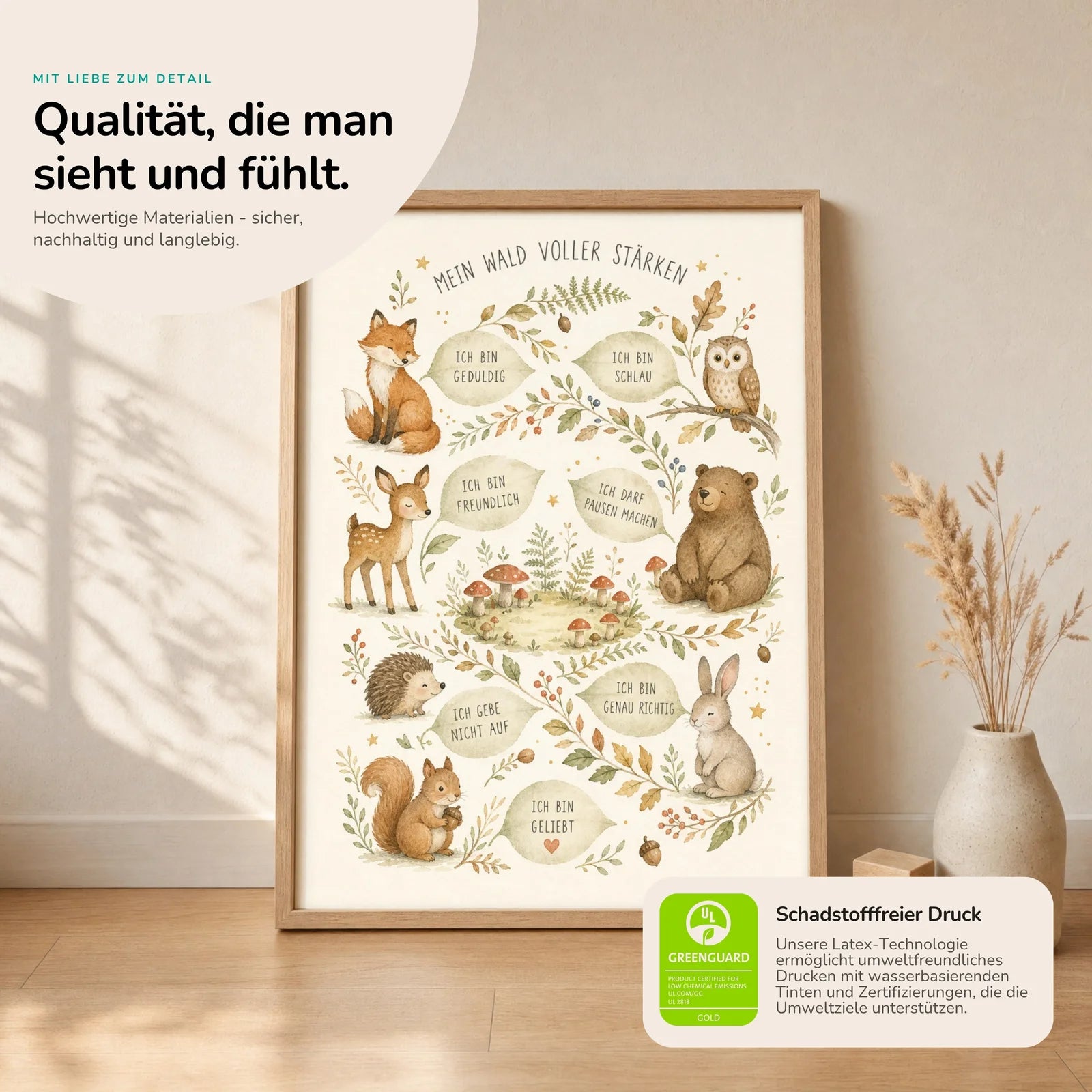 Affirmationsposter Kinderzimmer Wald voller StÀrken, Nahaufnahme der Affirmationen