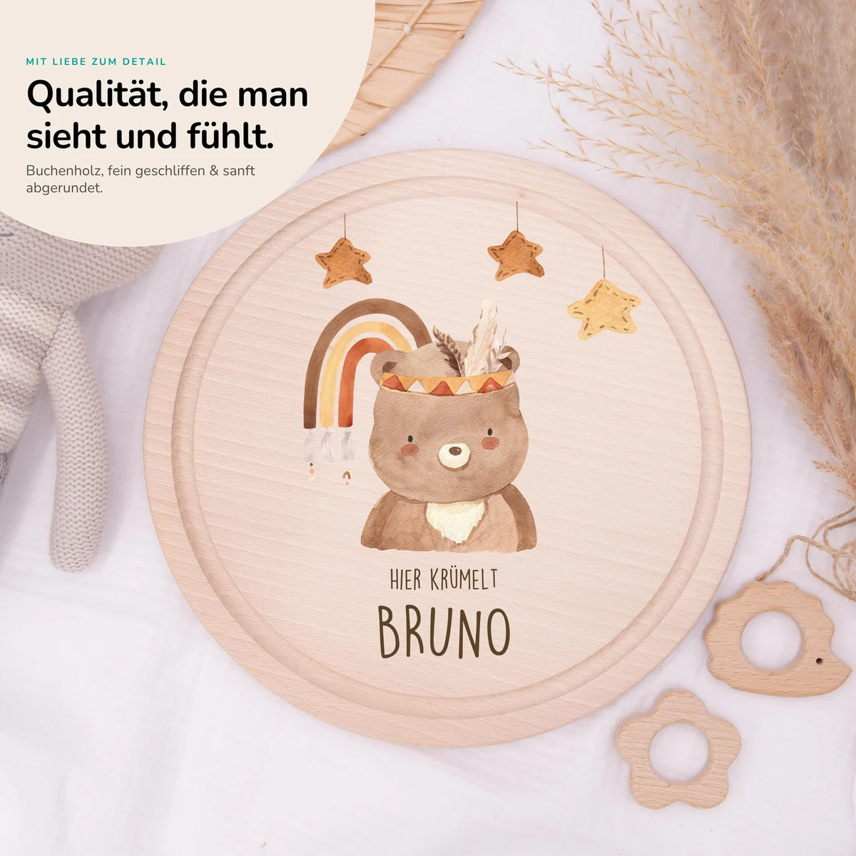 Rundes personalisiertes Frühstücksbrettchen Boho Bär mit Namen für Kinder