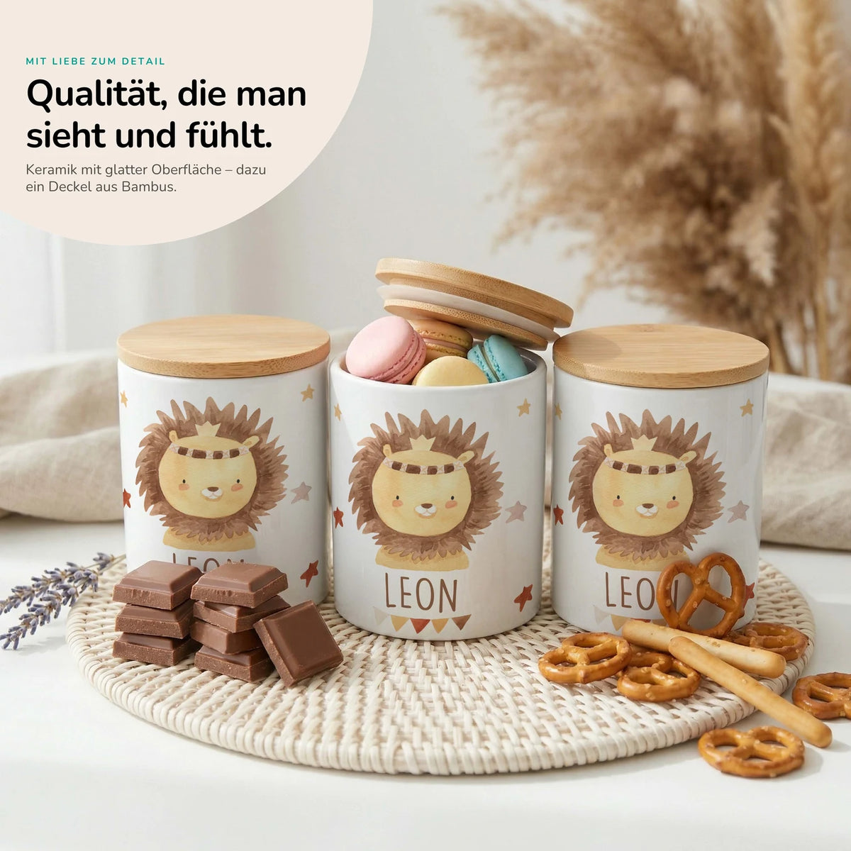 Personalisierte Keksdose Löwe Boho â Keramik & Bambus mit Wunschname