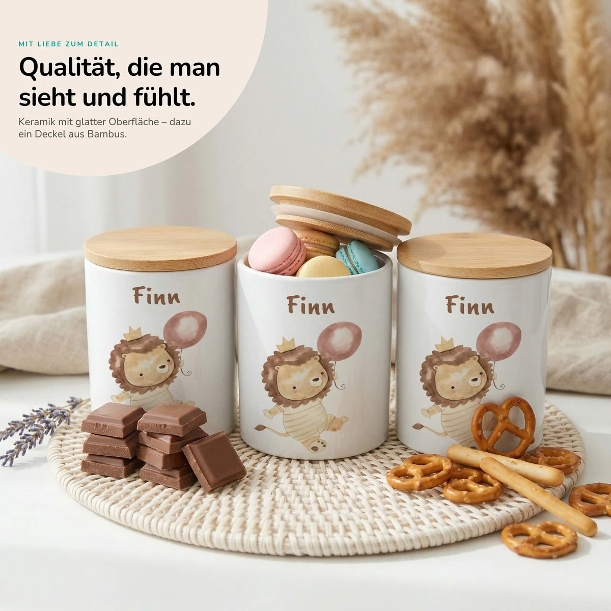 Personalisierte Keksdose Löwe Geburtstag â Keramik & Bambus mit Wunschname