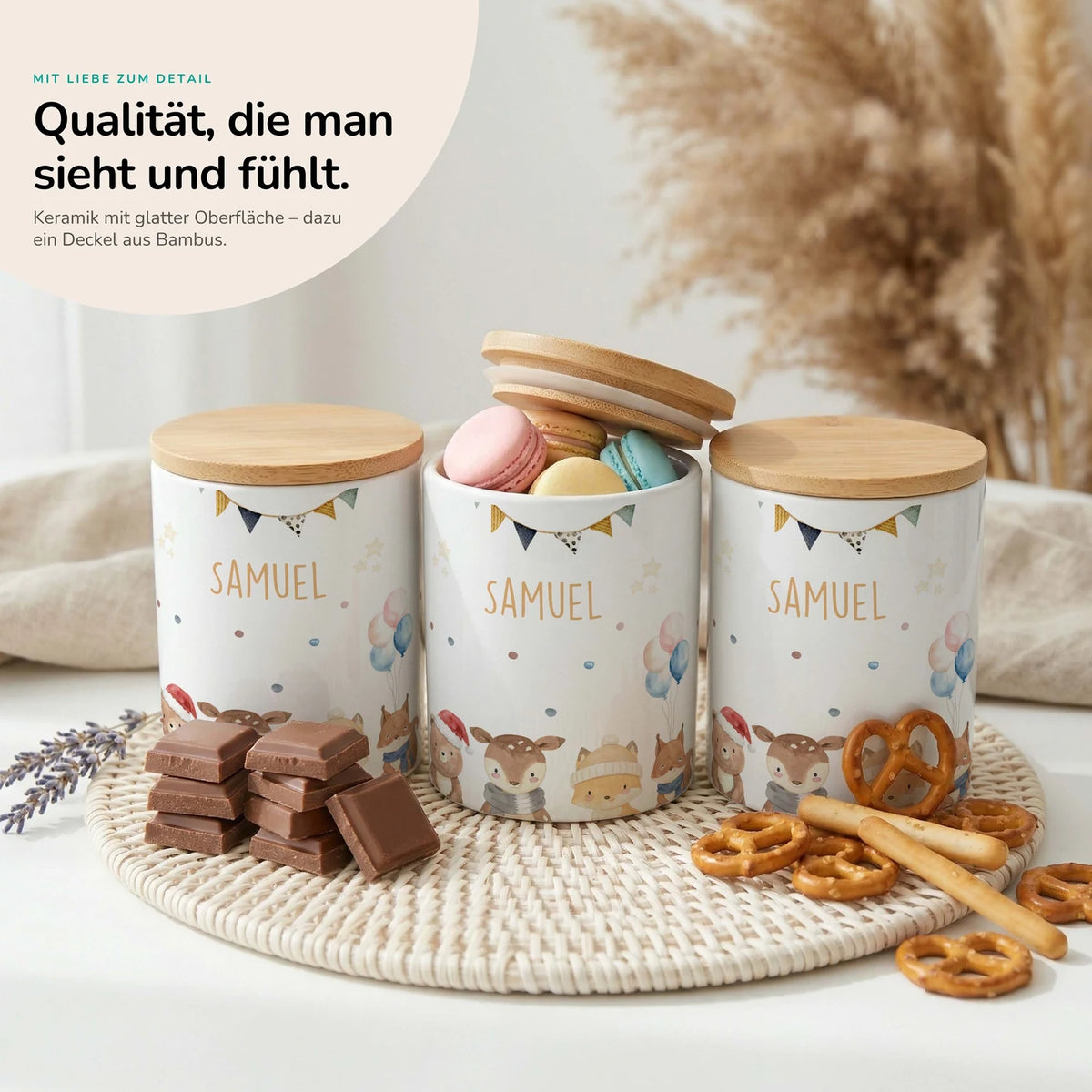 Personalisierte Keksdose Waldtiere Geburtstag – Keramik & Bambus mit Wunschname