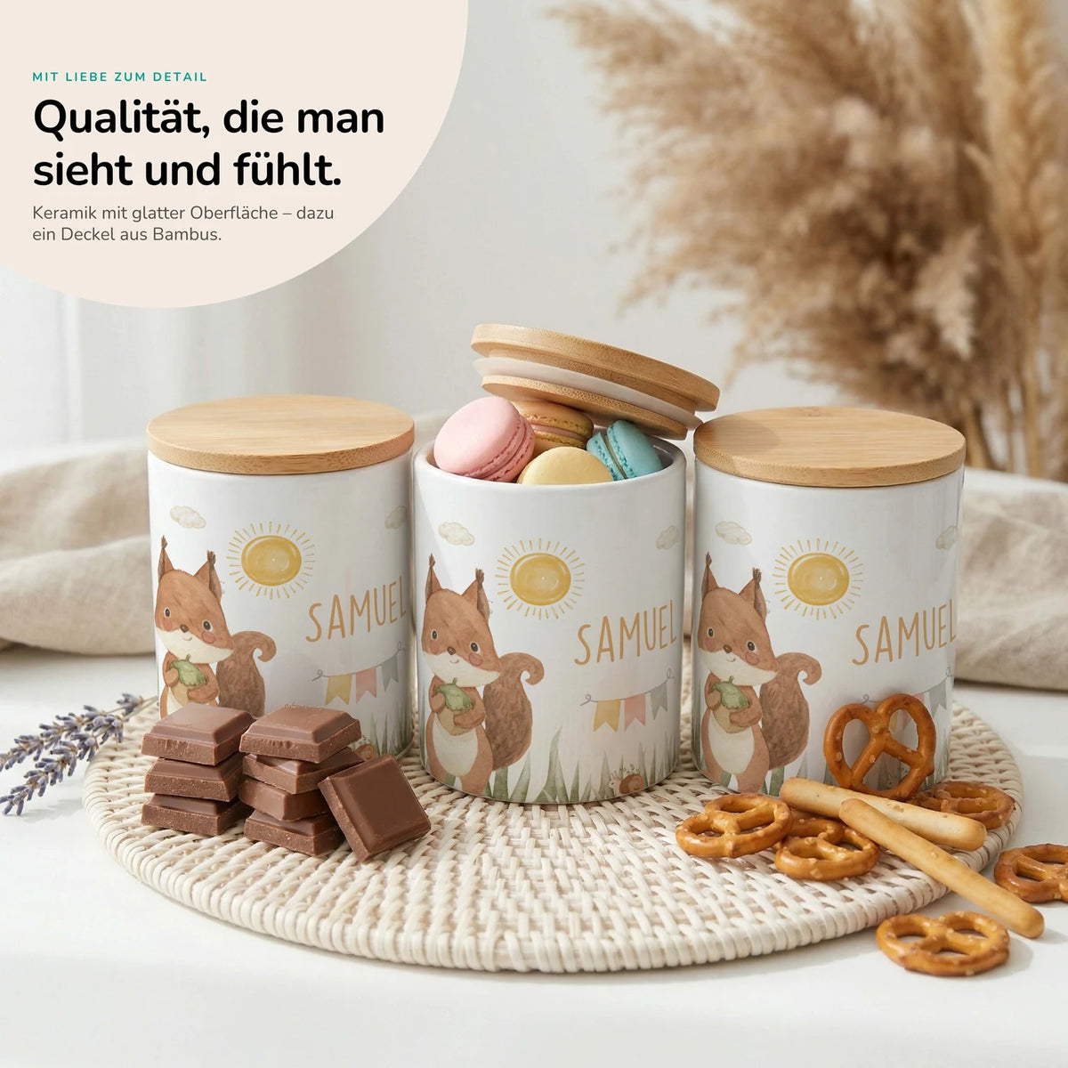 Personalisierte Keksdose Eichhörnchen Sommer – Keramik & Bambus mit Wunschname