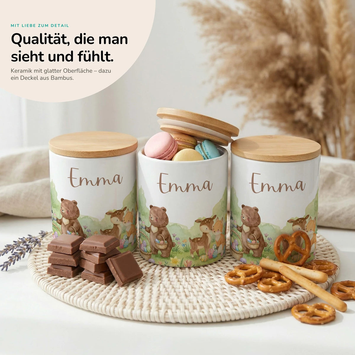 Personalisierte Keksdose Ostern BĂ€renfamilie â Keramik & Bambus mit Wunschname