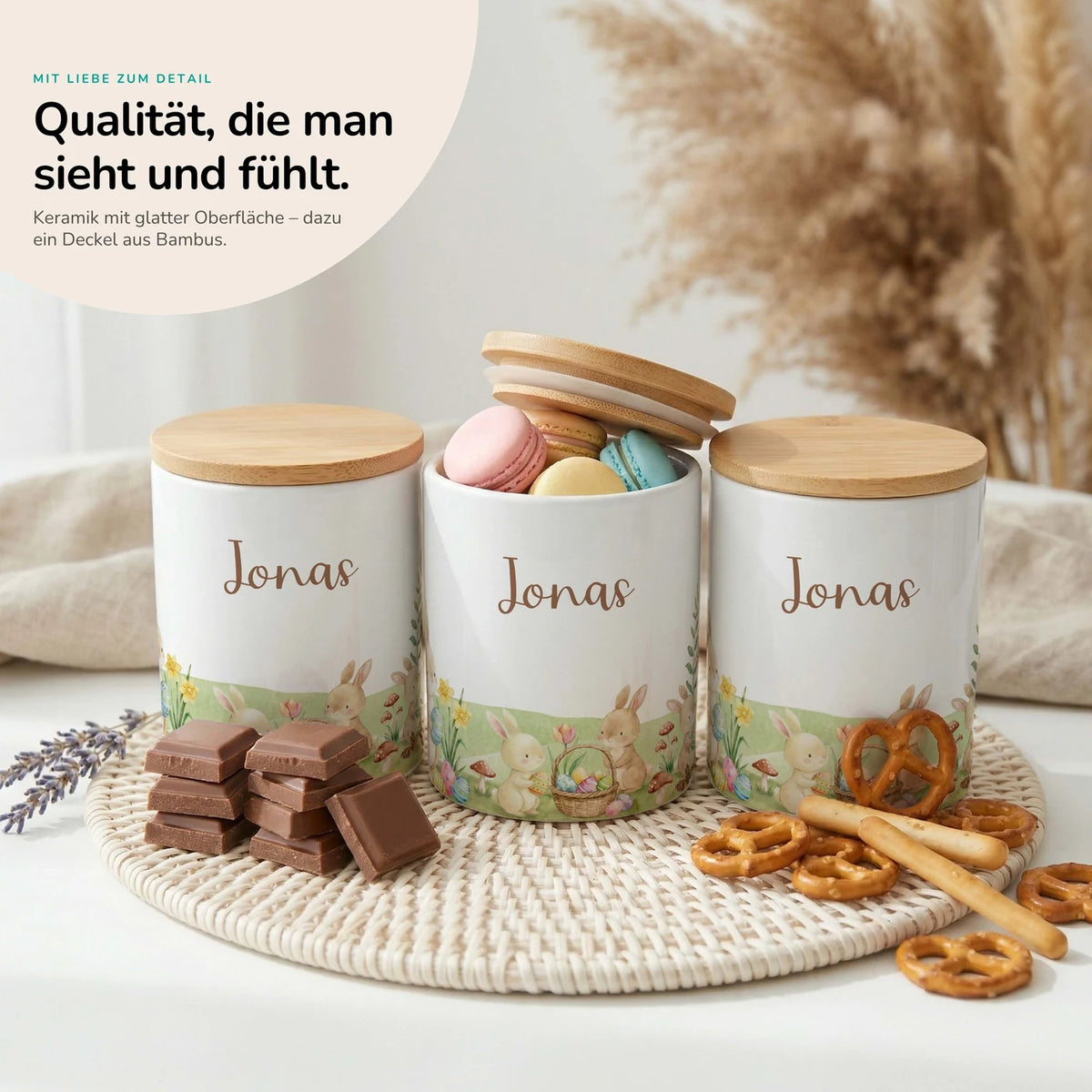 Personalisierte Keksdose Ostern Hasen – Keramik & Bambus mit Wunschname