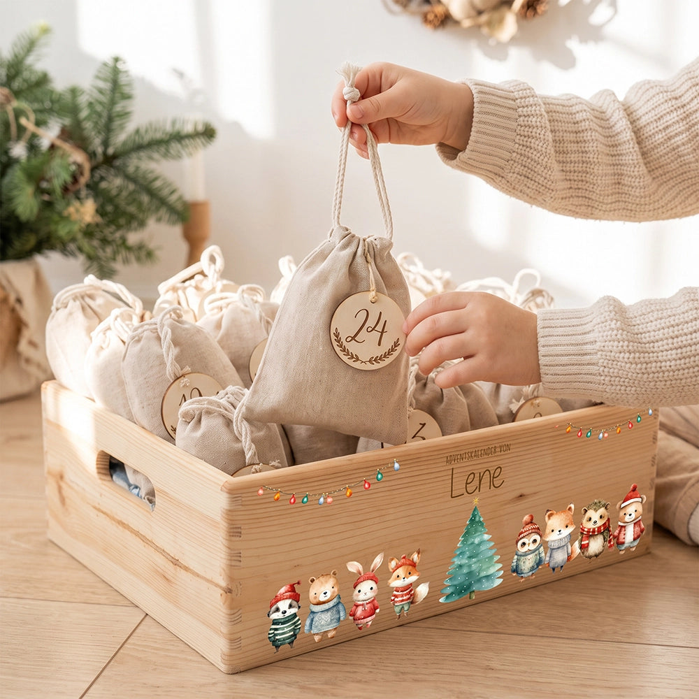 Adventskalender zum Befüllen "Weihnachten mit Tieren und Lichterkette" personalisiert