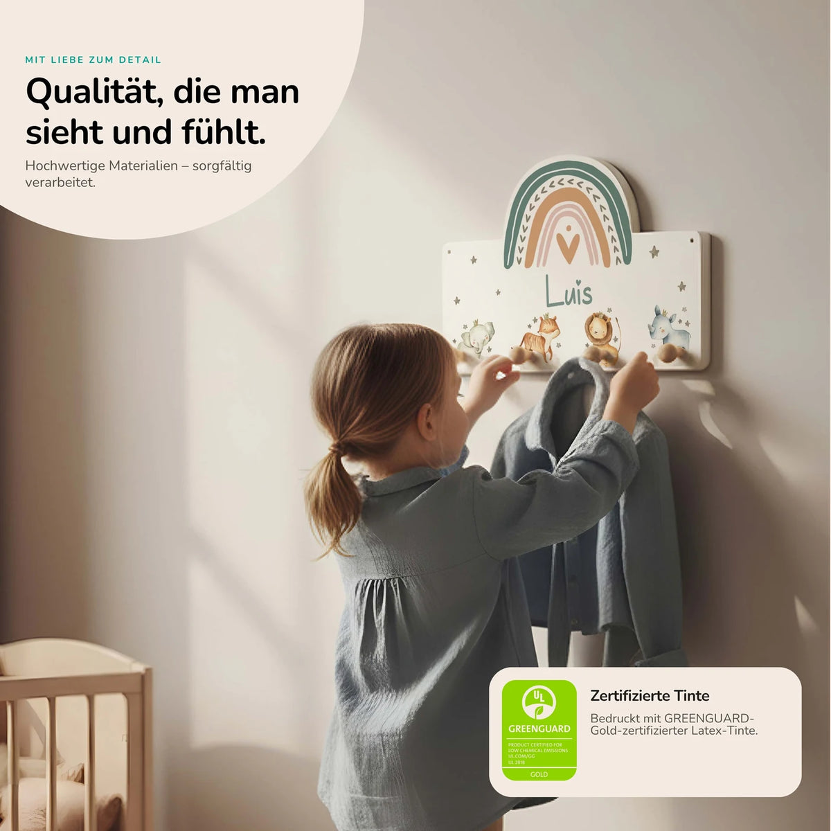 Kindergarderobe Holz personalisiert - Tier Familie