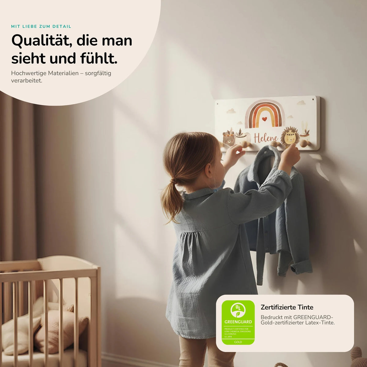 Kindergarderobe Holz personalisiert - Boho Regenbogen & Tiere