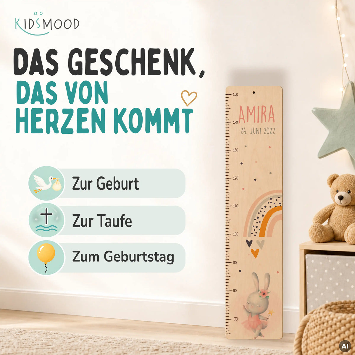 Messlatte Kinder Holz & Aluverbund - Hase & Regenbogen