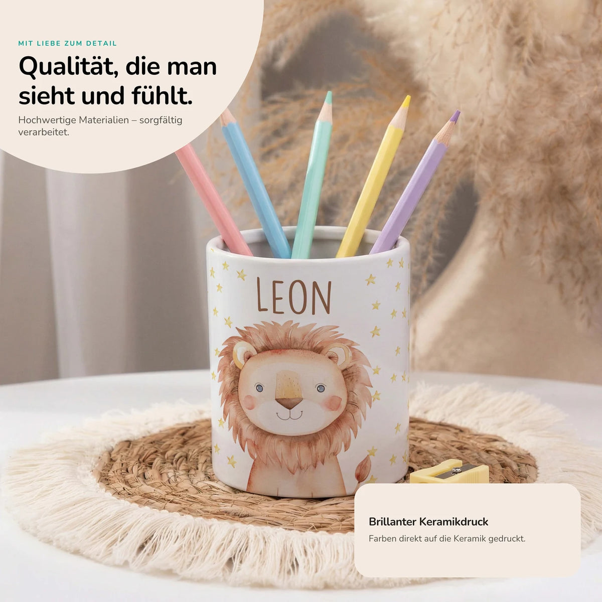 Personalisierter Stiftehalter Löwe Sterne â Keramik mit Wunschname