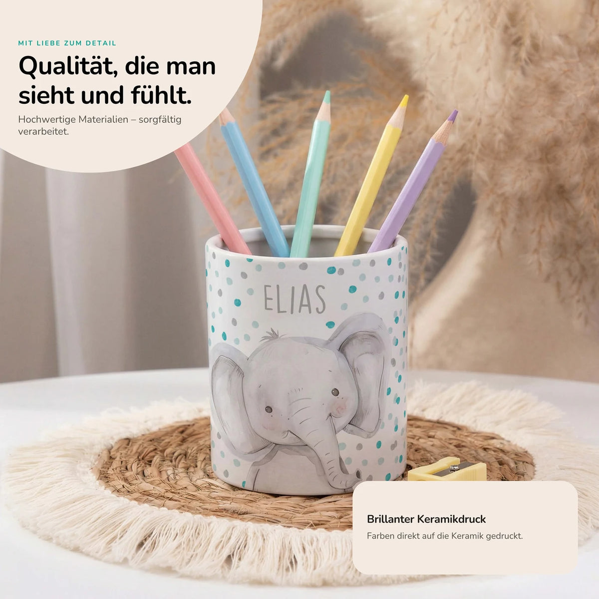 Personalisierter Stiftehalter Elefant Konfetti â Keramik mit Wunschname